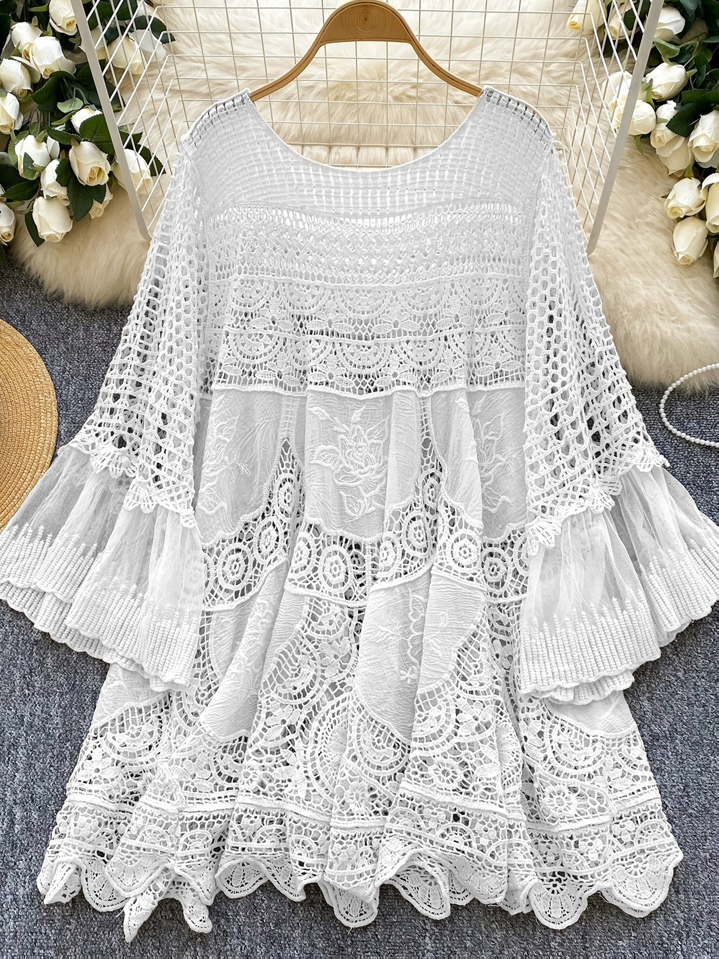 Women's Bohemian Vintage Lace- Dress - Long Sleeve A-Line Midi Dress with Crochet Cut-Out Details, Semi-Sheer Round Neck Boho Dress for Casual & Formal Occasions, Cute Dresses, Special Occasion Wear, Intricate Crochet Design - SeviSa