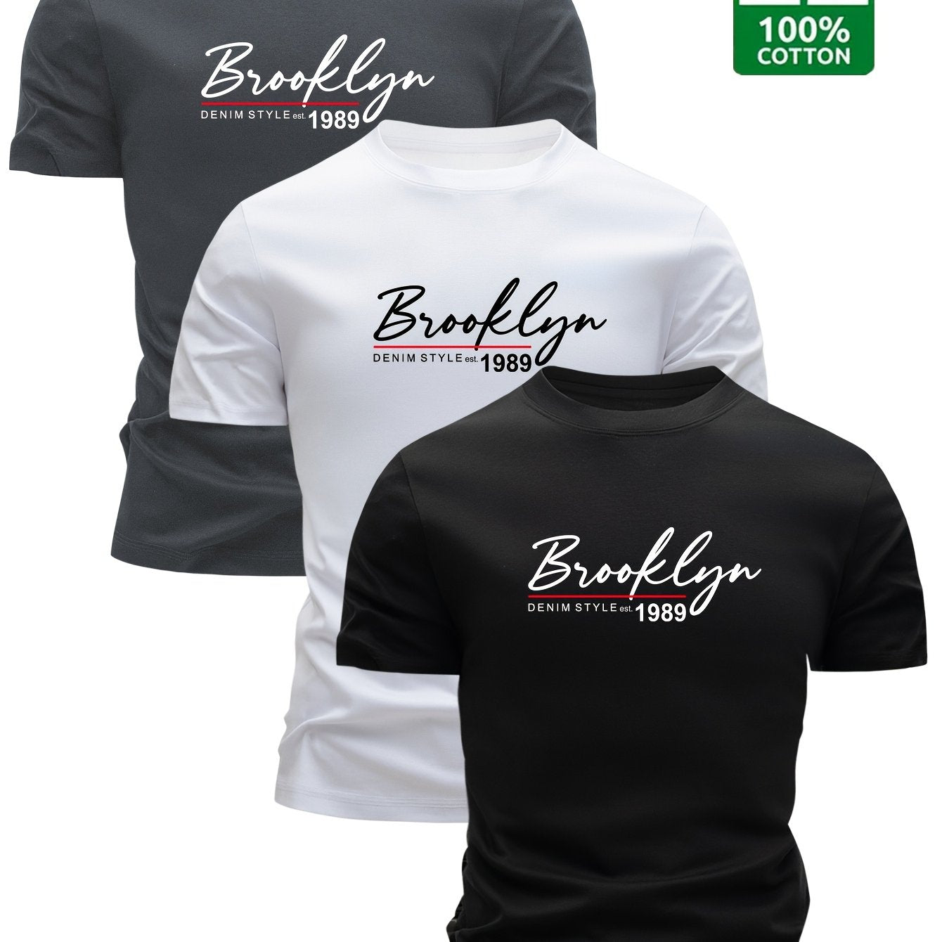 Set of 3 Men'S 100% Cotton T-Shirts, Lightweight for Summer, Breathable And Moisture-Wicking, Featuring a Round Neck And Print Design, Sweat-Resistant - SeviSa