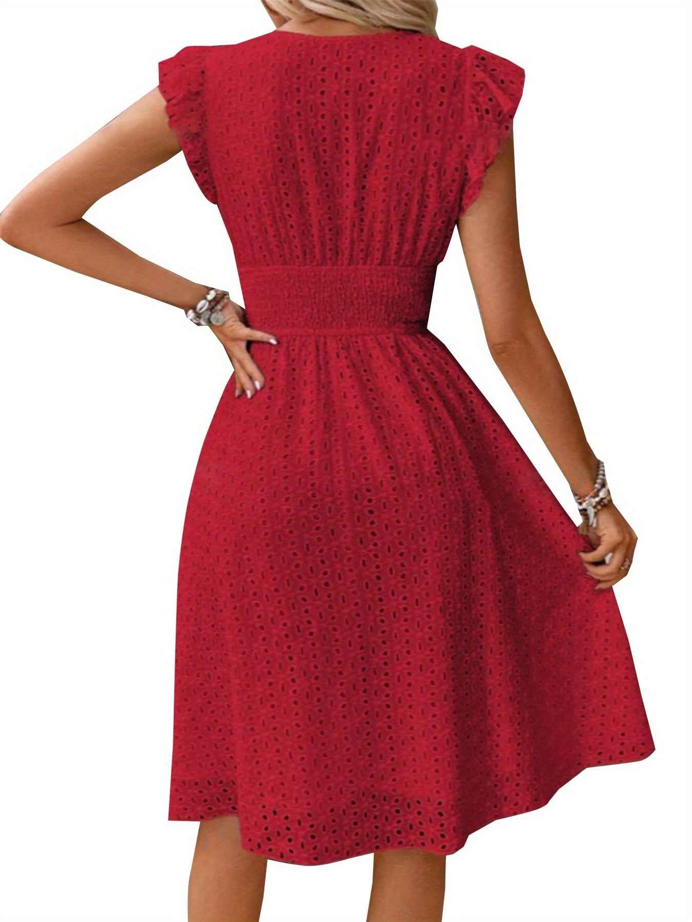 Elegant Ruffle Sleeve V-Neck Dress with Tiered Hem - Navy Blue, Knee-Length, Perfect for Spring & Summer, Women'S Fashion, Casual Elegance | Tiered Hem Dress | Ruffle Sleeve Dress