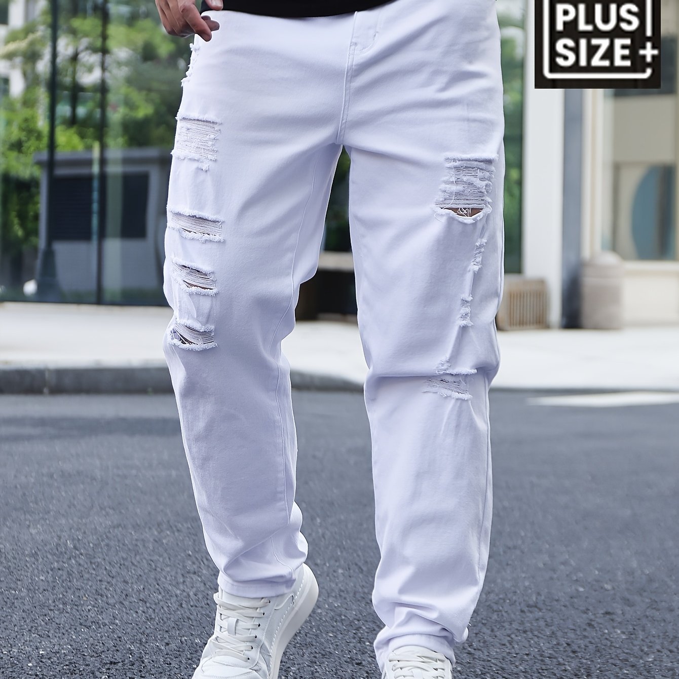 Men'S Plus Size Loose Fit Ripped Jeans, 98% Cotton 2% Elastane, All-Season Solid Color, Medium Stretch, Regular Style, Woven Fabric, 382g/m² - Casual Basics - SeviSa