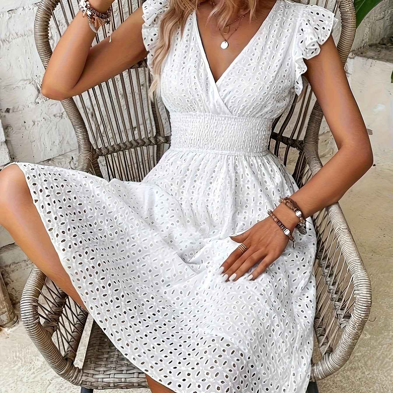Elegant Ruffle Sleeve V-Neck Dress with Tiered Hem - Navy Blue, Knee-Length, Perfect for Spring & Summer, Women'S Fashion, Casual Elegance | Tiered Hem Dress | Ruffle Sleeve Dress
