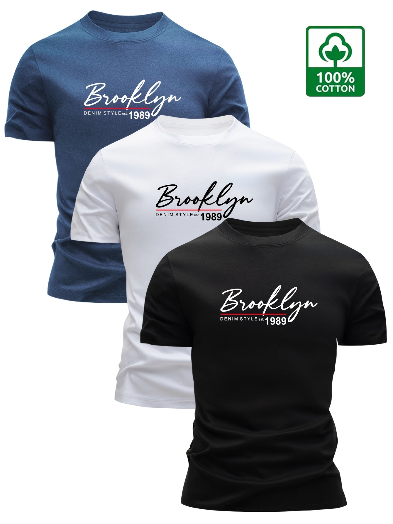 Set of 3 Men'S 100% Cotton T-Shirts, Lightweight for Summer, Breathable And Moisture-Wicking, Featuring a Round Neck And Print Design, Sweat-Resistant - SeviSa