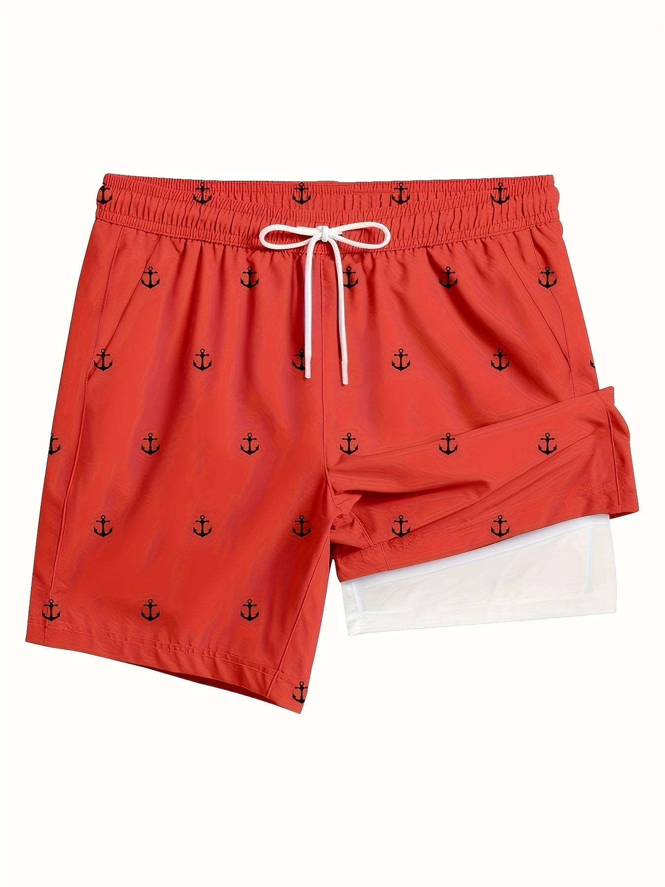 Men'S Plus Size Casual Beach Shorts - Double Layer, Quick-Dry, Drawstring Waist, Print Anchor Design, Red, Perfect for Tropical Vacations & Summer Sports, Beach Short - SeviSa