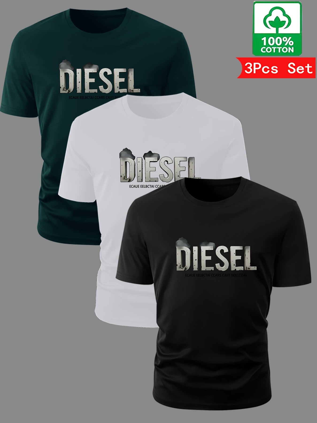 3pcs Men'S Diesel Graphic T-Shirts - 100% Cotton Breathable Summer Short Sleeve Tops, Regular Fit Round Neck Casual Tees with Bold Diesel Logo for Outdoor & Casual Attire, Machine Washable, Everyday Tshirt, Bold Graphic Tee, - SeviSa