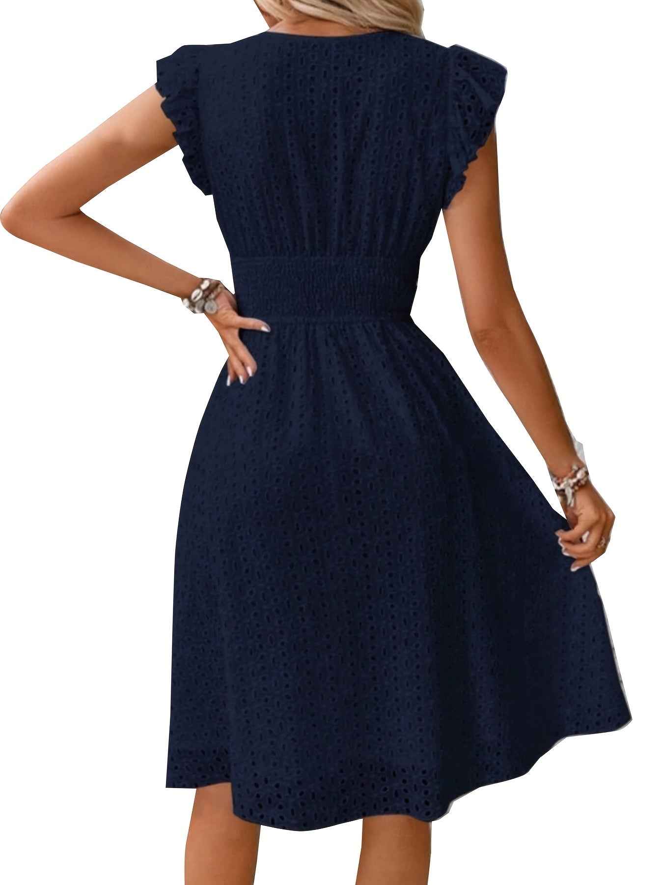 Elegant Ruffle Sleeve V-Neck Dress with Tiered Hem - Navy Blue, Knee-Length, Perfect for Spring & Summer, Women'S Fashion, Casual Elegance | Tiered Hem Dress | Ruffle Sleeve Dress