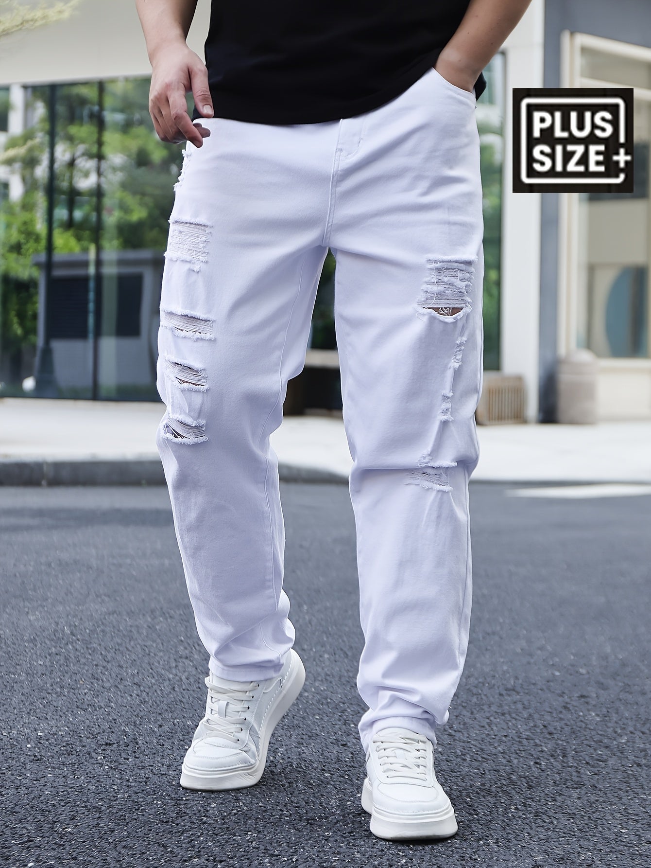 Men'S Plus Size Loose Fit Ripped Jeans, 98% Cotton 2% Elastane, All-Season Solid Color, Medium Stretch, Regular Style, Woven Fabric, 382g/m² - Casual Basics - SeviSa