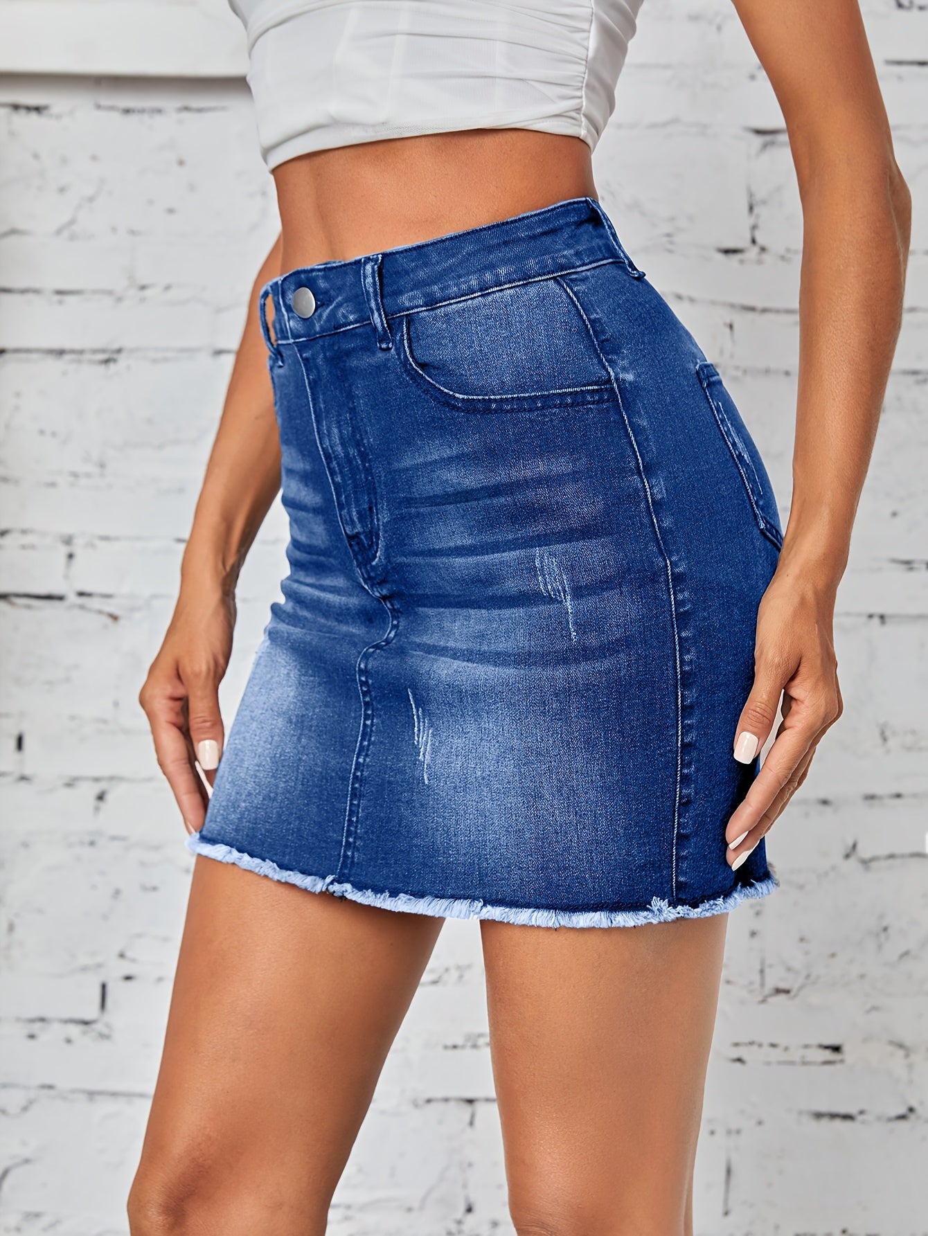 Women'S Casual Denim Skirt - High-Waisted, Frayed Hem, Medium Stretch, Solid Color, Straight Cut, Spring/Summer/Fall Fashion, Jean Skirt - SeviSa