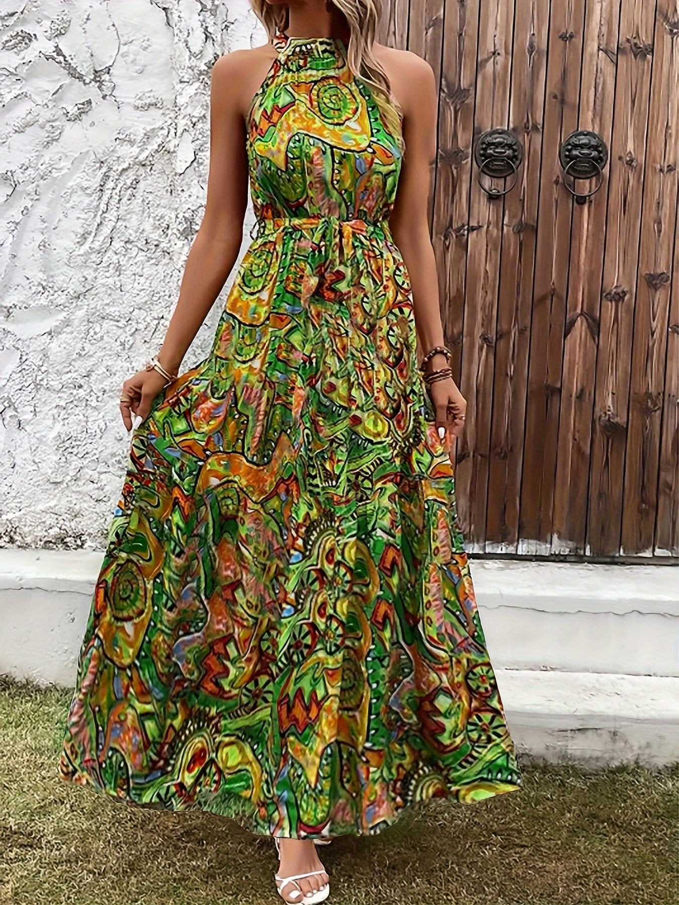 Elegant Bohemian Maxi Dress with Lace-Up Detail - High-Waisted, Sleeveless, Floral Print, Light Brown and Blue, Perfect for Adult Women, All-Season Versatile, Adult Women'S Dress|Floral Print Dress|Laceup Detail - SeviSa