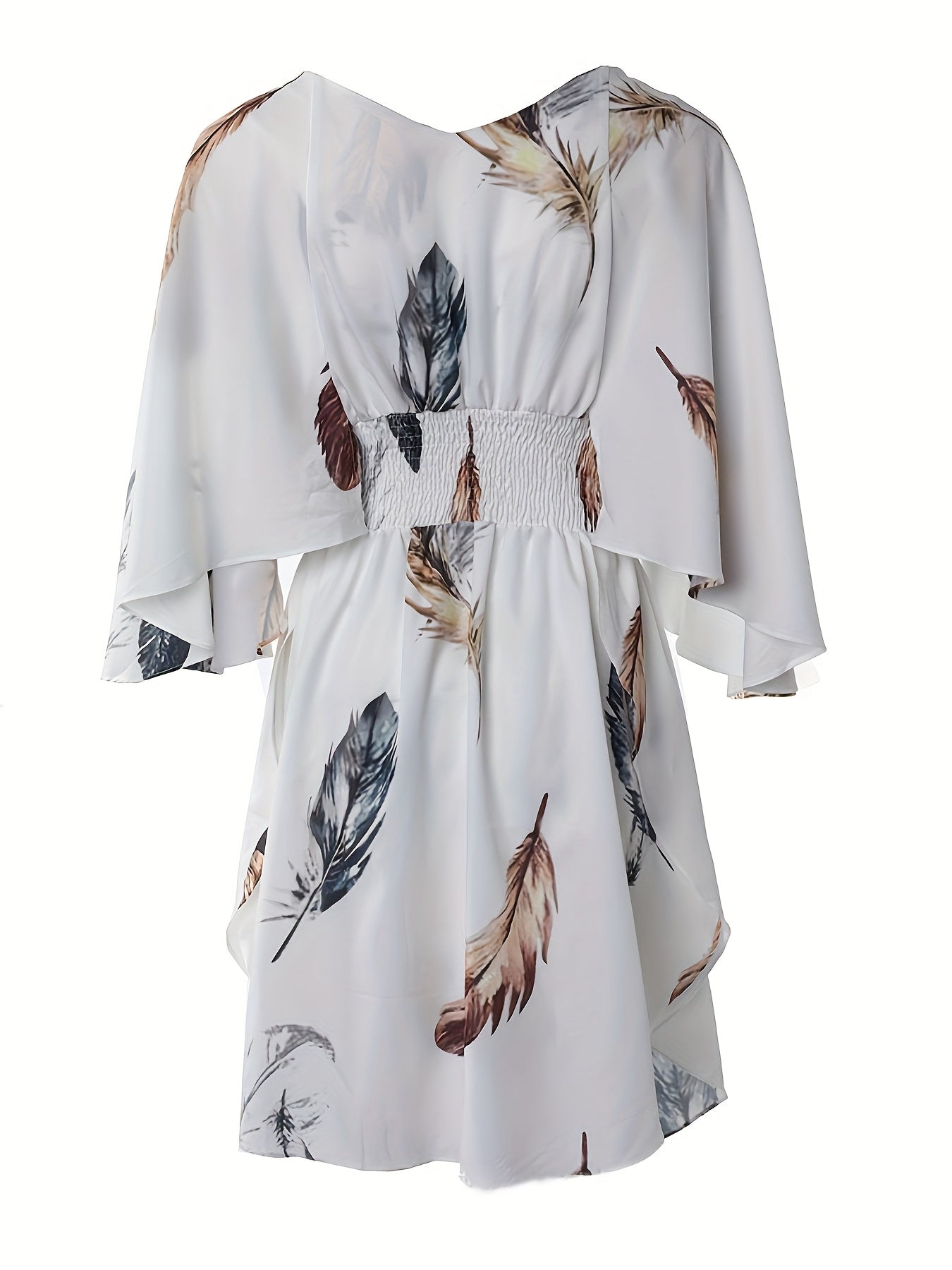 Women's Elegant V-Neck Batwing Sleeve Dress - White with Brown Botanical Print, A-Line Mid-Length Summer Dress, Fitted Top & Flowy Hem, Hand Wash Only, Casual Chic Wear, Natureinspired Print - SeviSa