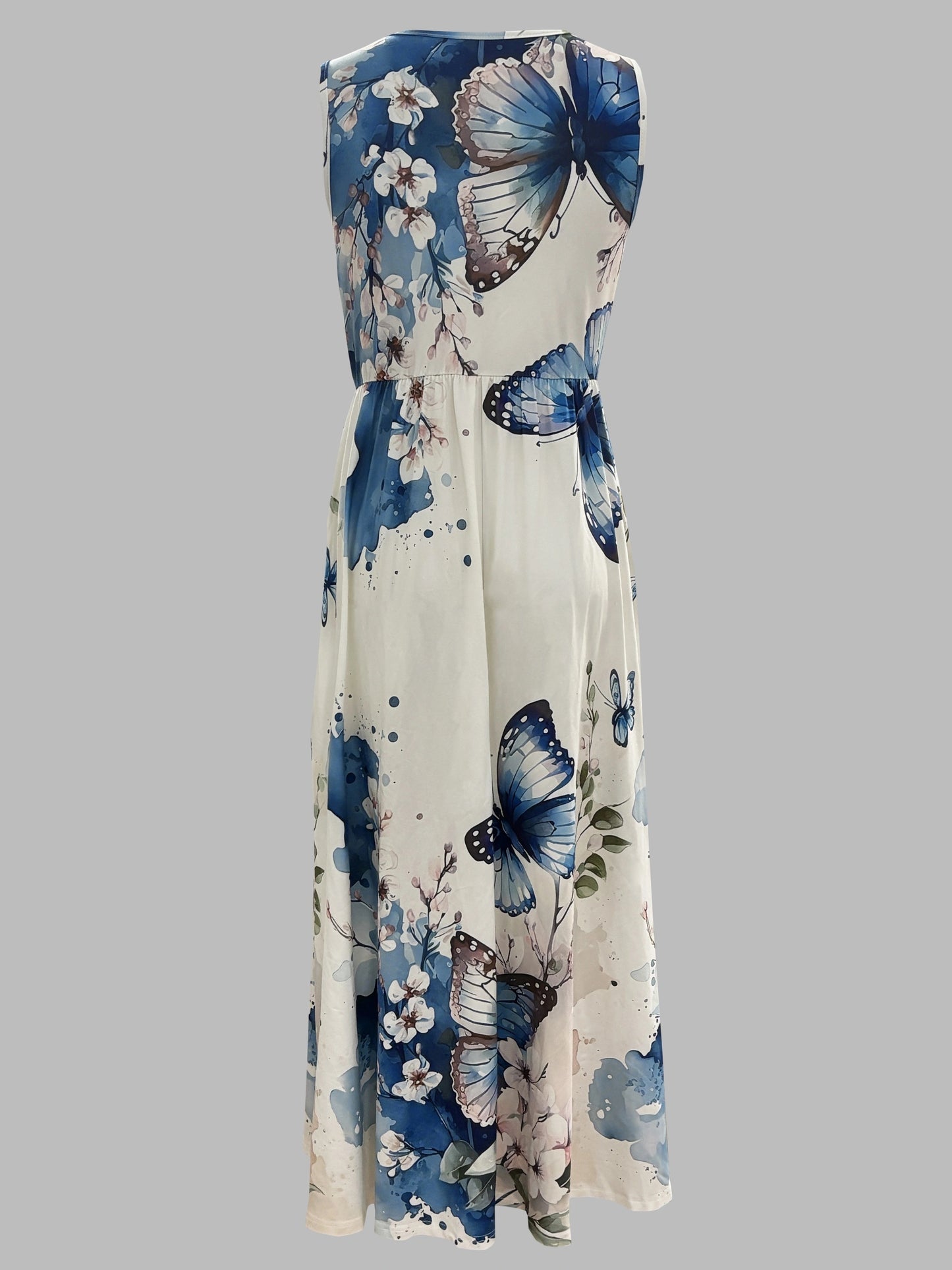 Women's Floral & Butterfly Print V-Neck Sleeveless Dress - Fitted Top & Flowy Skirt, Breathable All-Season Casual Outdoor Dress, Machine Washable, Seasonal Fashion, Sophisticated Casual, Comfortable Fit - SeviSa