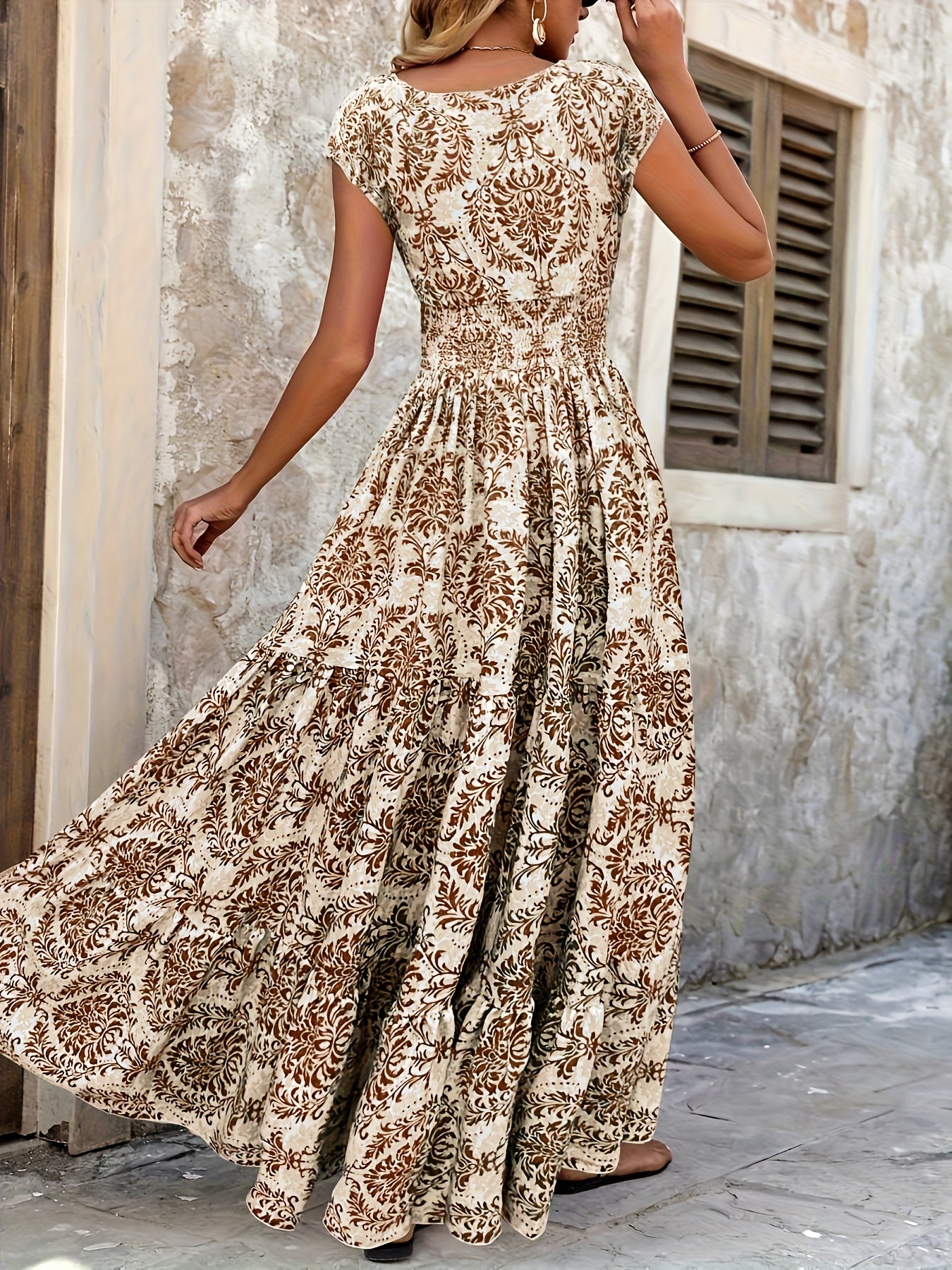 V-Neck Ruffled Hem Maxi Dress - Summer Beach Skirt with Floral Print, Cinched Waist & Flared Skirt, Lightweight Polyester for Adults, Beach Dresses - SeviSa