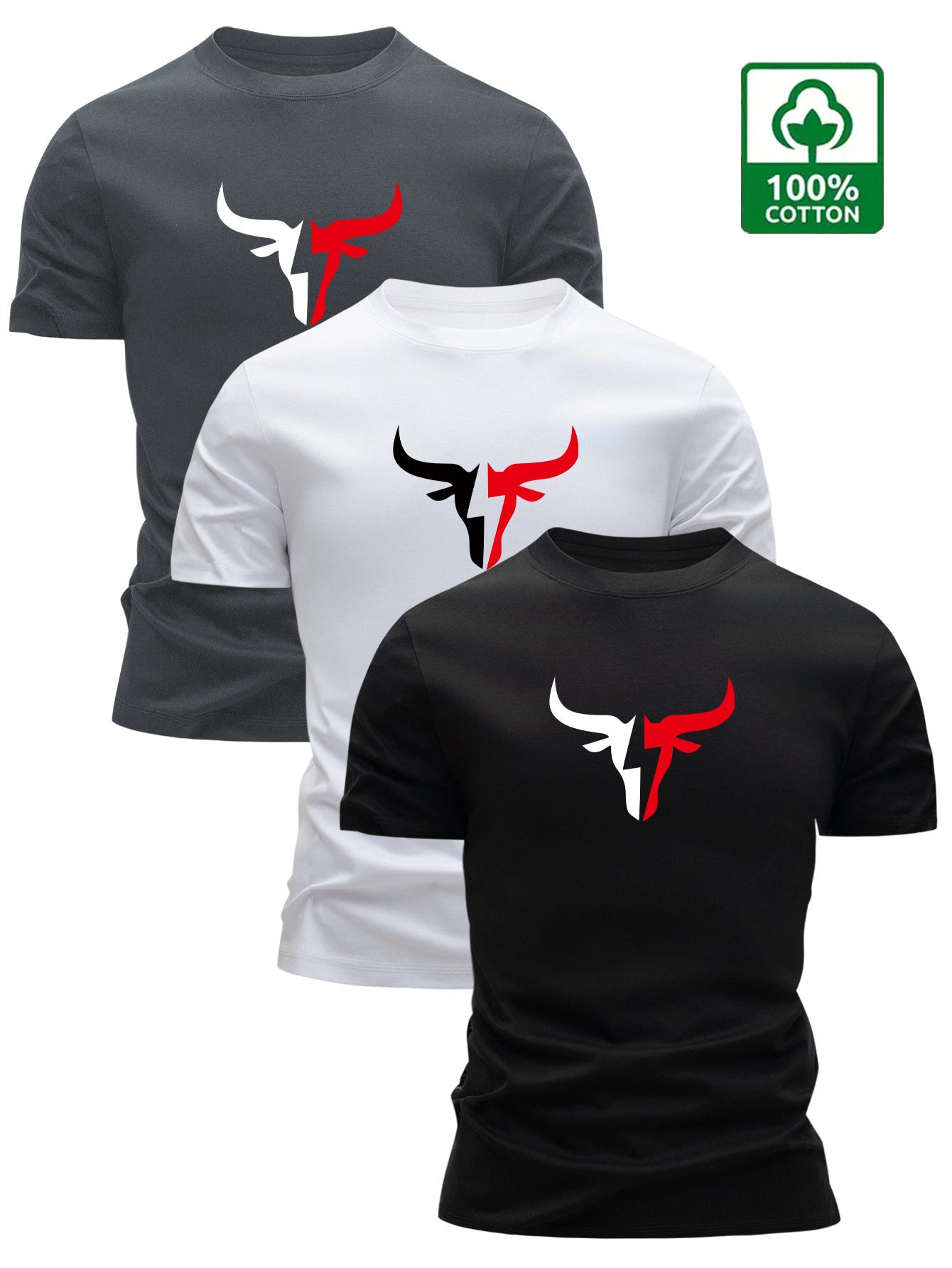 3pcs Men's 100% Cotton Graphic T-Shirts - Bold Bull Head & Letter Print, Slim Fit Short Sleeve Round Neck Tees for Summer Casual Wear, Breathable & Machine Washable, Everyday Comfort | Durable Fabric - SeviSa