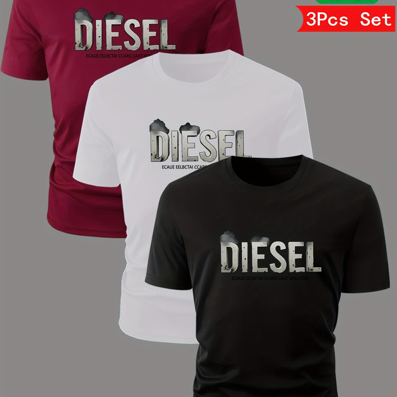 3pcs Men'S Diesel Graphic T-Shirts - 100% Cotton Breathable Summer Short Sleeve Tops, Regular Fit Round Neck Casual Tees with Bold Diesel Logo for Outdoor & Casual Attire, Machine Washable, Everyday Tshirt, Bold Graphic Tee, - SeviSa