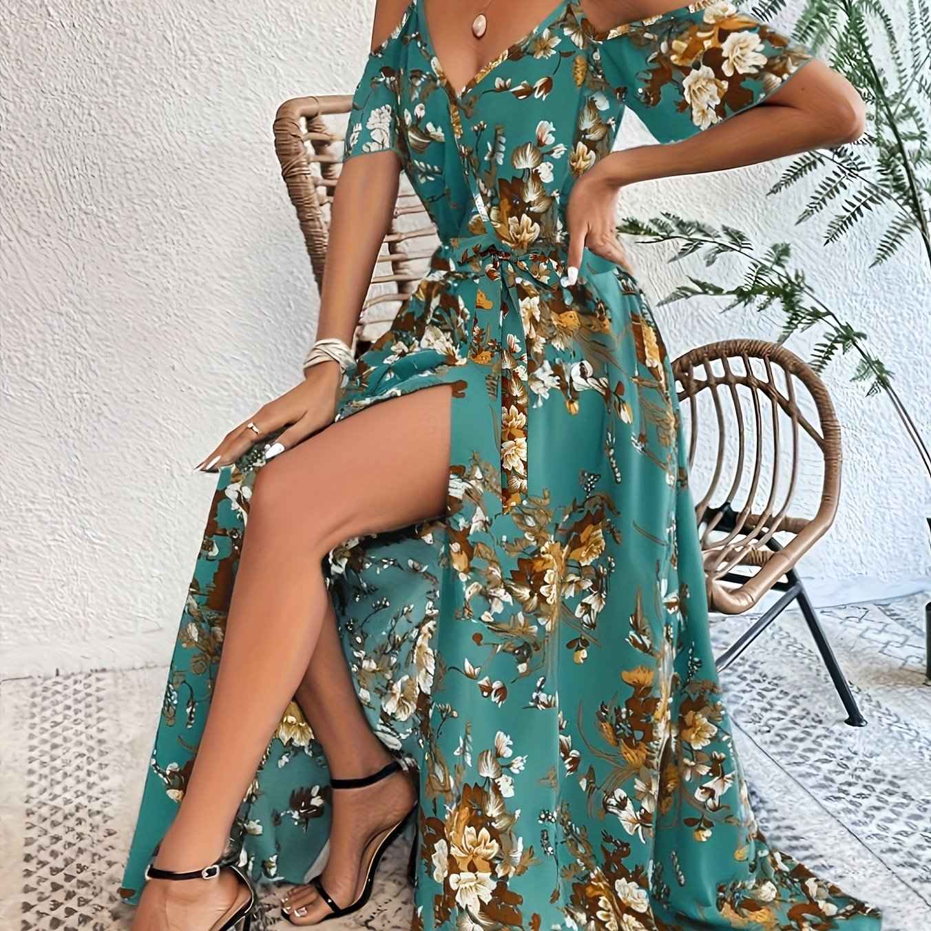 Elegant Floral Print V-Neck Maxi Dress with Tie-Waist and Ruffle Detail - Sleeveless, Flowy A-Line Skirt for Women, Perfect for Summer, Elegant Event Wear|Floral Print Dress|Polyester Fabric