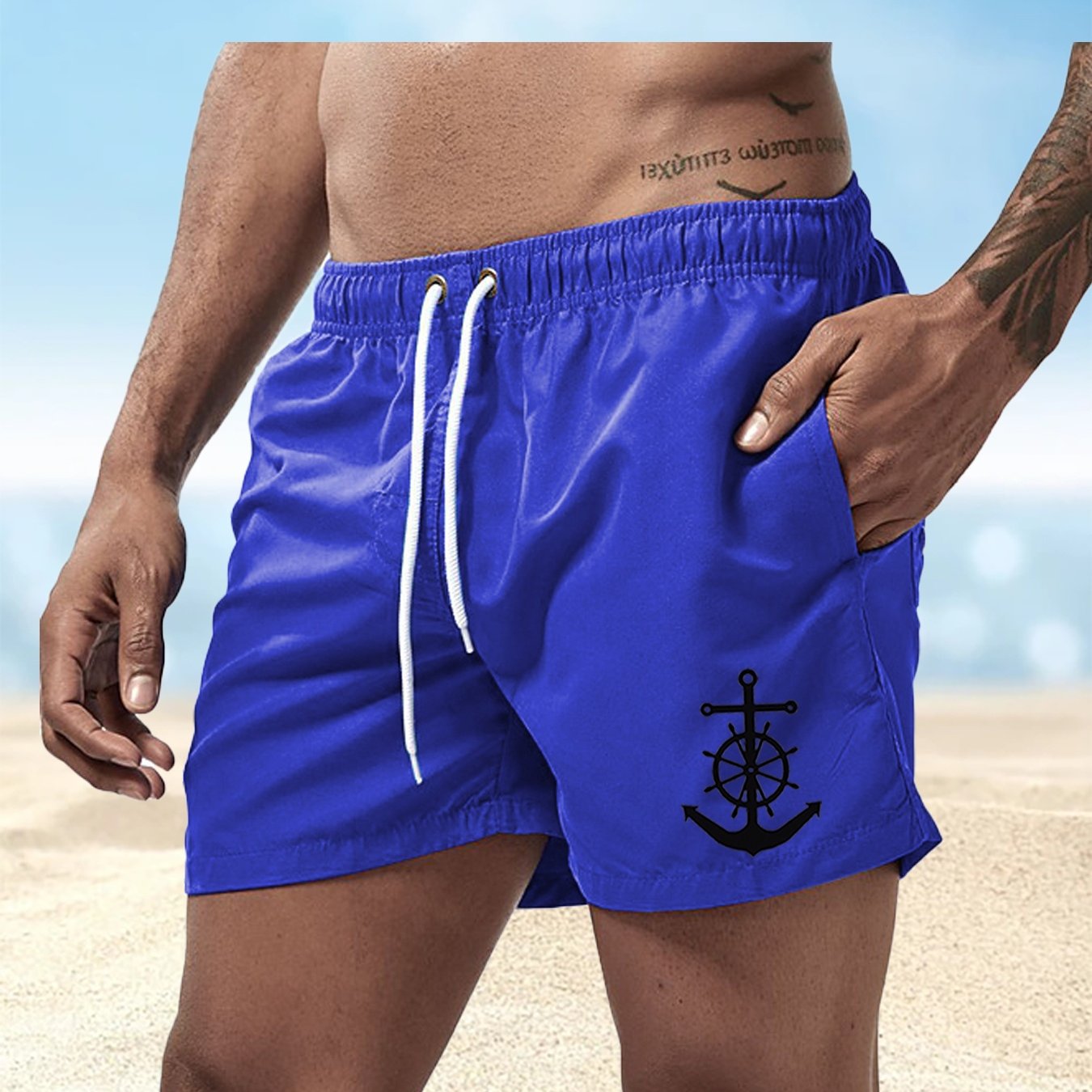 Men's Quick-Dry Swim Shorts - Navy Blue Board Shorts with Anchor design, Elastic Drawstring Waist - Lightweight Beach Swim Trunks for Surfing, Swimming, Gym, Vacation - Fast-Drying Quick Suit for Ocean & Pool Activities, Swim - SeviSa