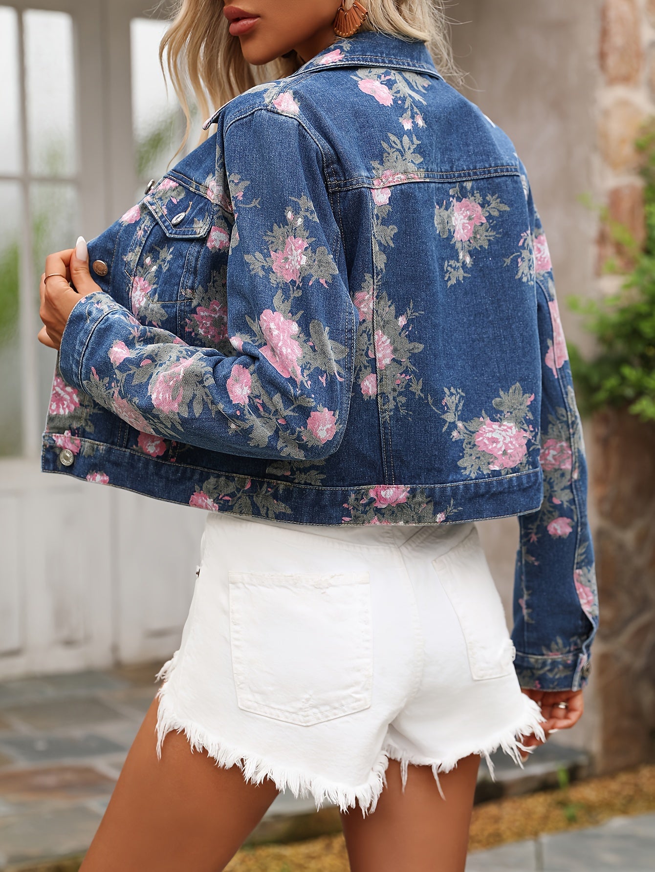 Women's Elegant Floral Print Denim Jacket, Stylish Cropped Outerwear, Casual Fashion Jean Coat For Spring/Summer - SeviSa