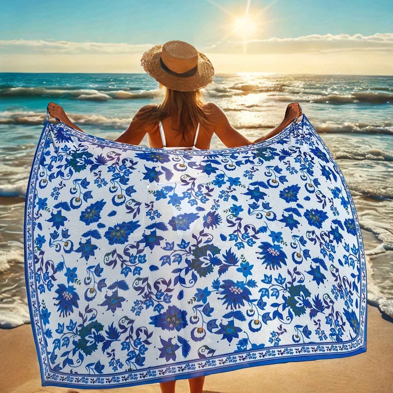 Women's Bohemian Floral Print Semi-Sheer Wrap Cover-Up - Lightweight Beach Wrap Skirt with Blue & White Floral Design, Machine Washable for Poolside & Vacation Wear, Summer Coverup, Stylish Beachwear, Soft Fabric