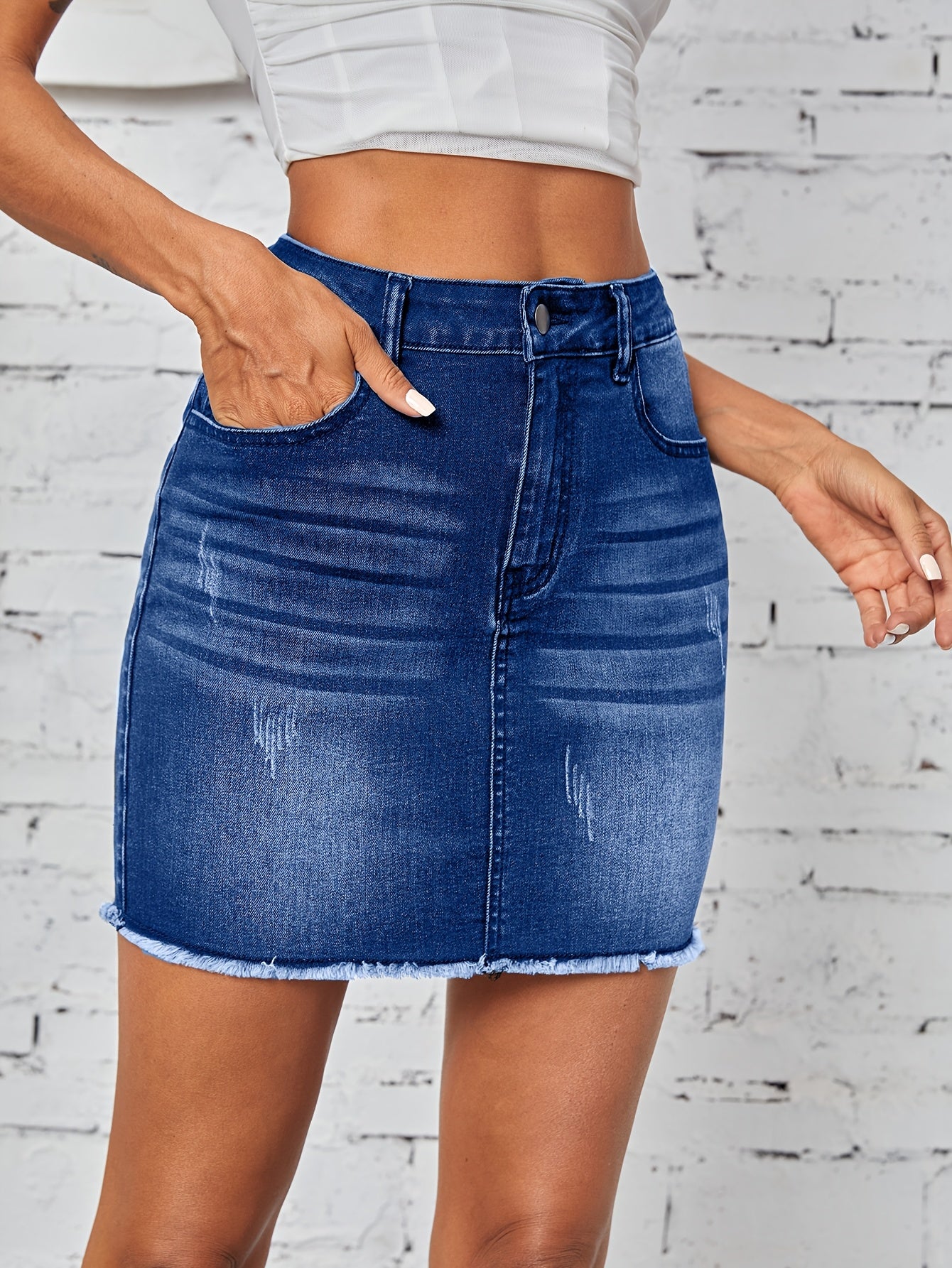 Women'S Casual Denim Skirt - High-Waisted, Frayed Hem, Medium Stretch, Solid Color, Straight Cut, Spring/Summer/Fall Fashion, Jean Skirt - SeviSa