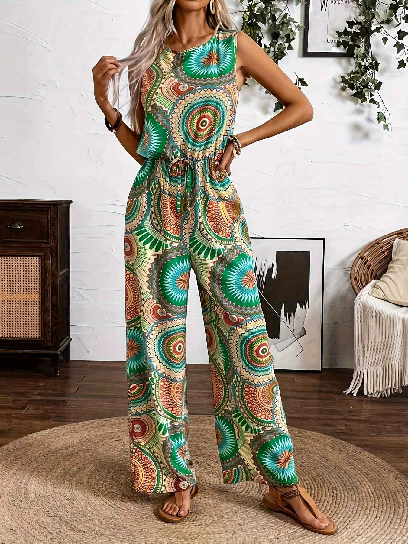 Casual Vacation Ethnic Style Sleeveless Women'S Jumpsuit with Circular Print
