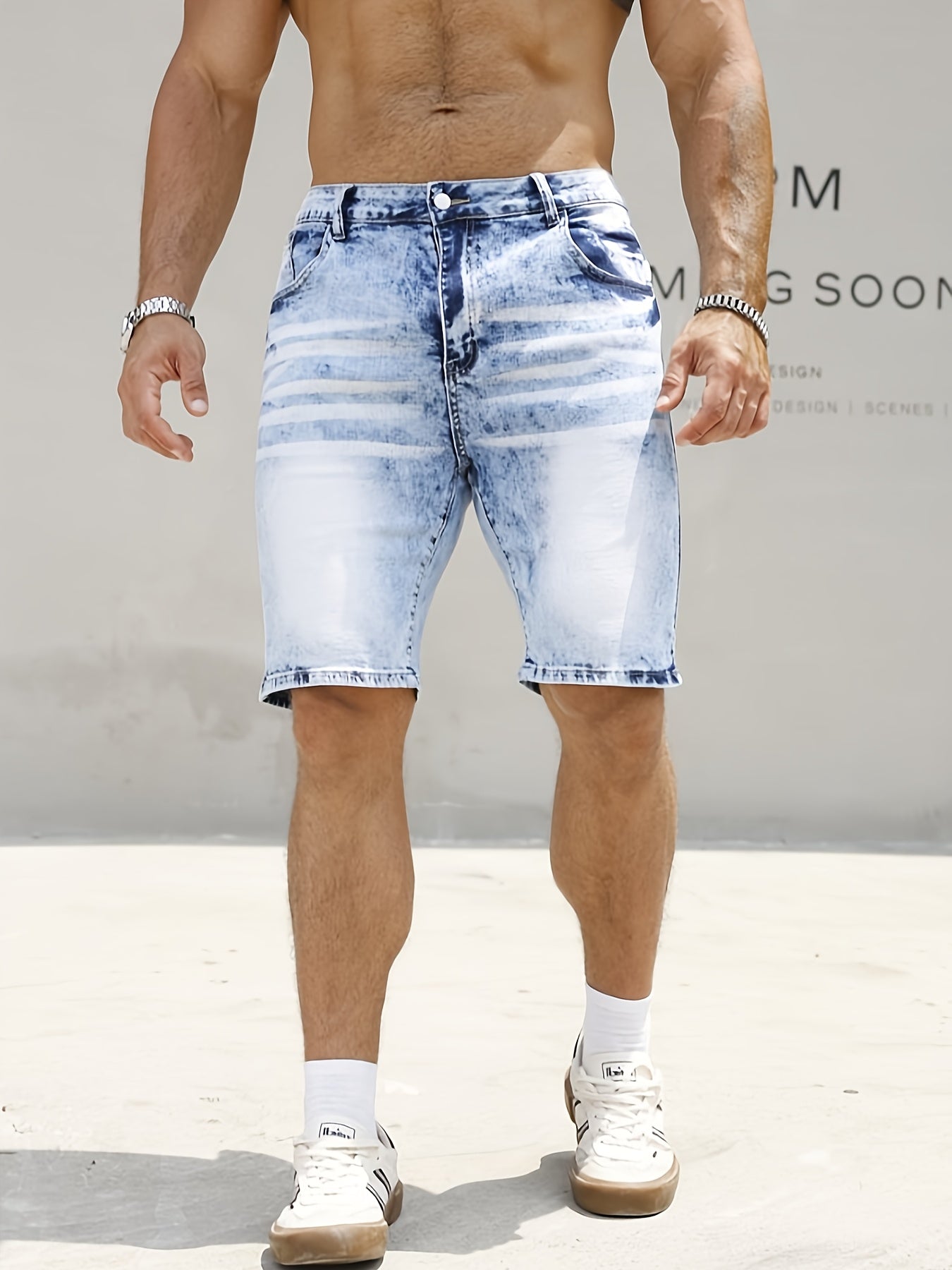 Plus Size Men's Heavy-Distressed Stretch Denim Shorts - Slim Fit Casual Summer Shorts with Pockets, Machine Washable, Blue & White Washed Design, Comfortable Wear, Durable Fabric, PLUS SIZE - SeviSa
