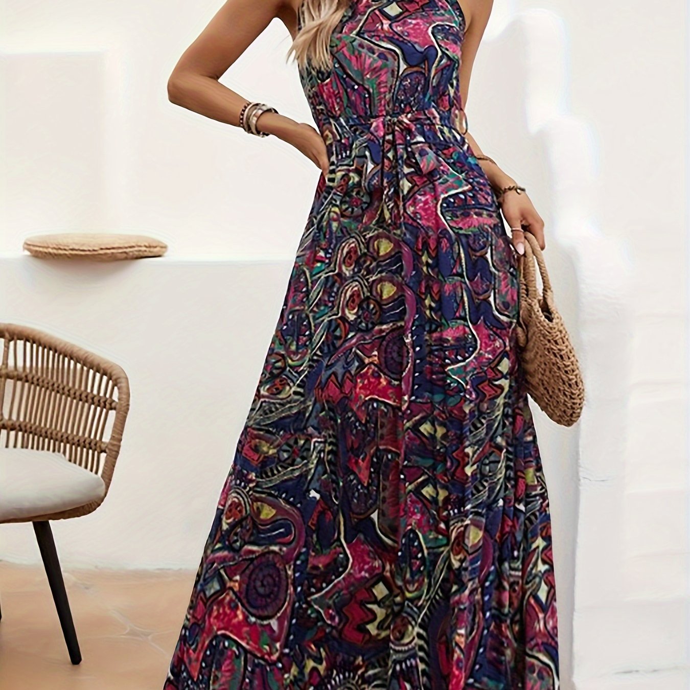 Elegant Bohemian Maxi Dress with Lace-Up Detail - High-Waisted, Sleeveless, Floral Print, Light Brown and Blue, Perfect for Adult Women, All-Season Versatile, Adult Women'S Dress|Floral Print Dress|Laceup Detail - SeviSa