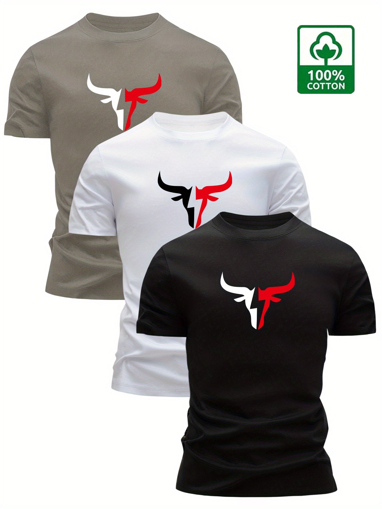 3pcs Men's 100% Cotton Graphic T-Shirts - Bold Bull Head & Letter Print, Slim Fit Short Sleeve Round Neck Tees for Summer Casual Wear, Breathable & Machine Washable, Everyday Comfort | Durable Fabric - SeviSa