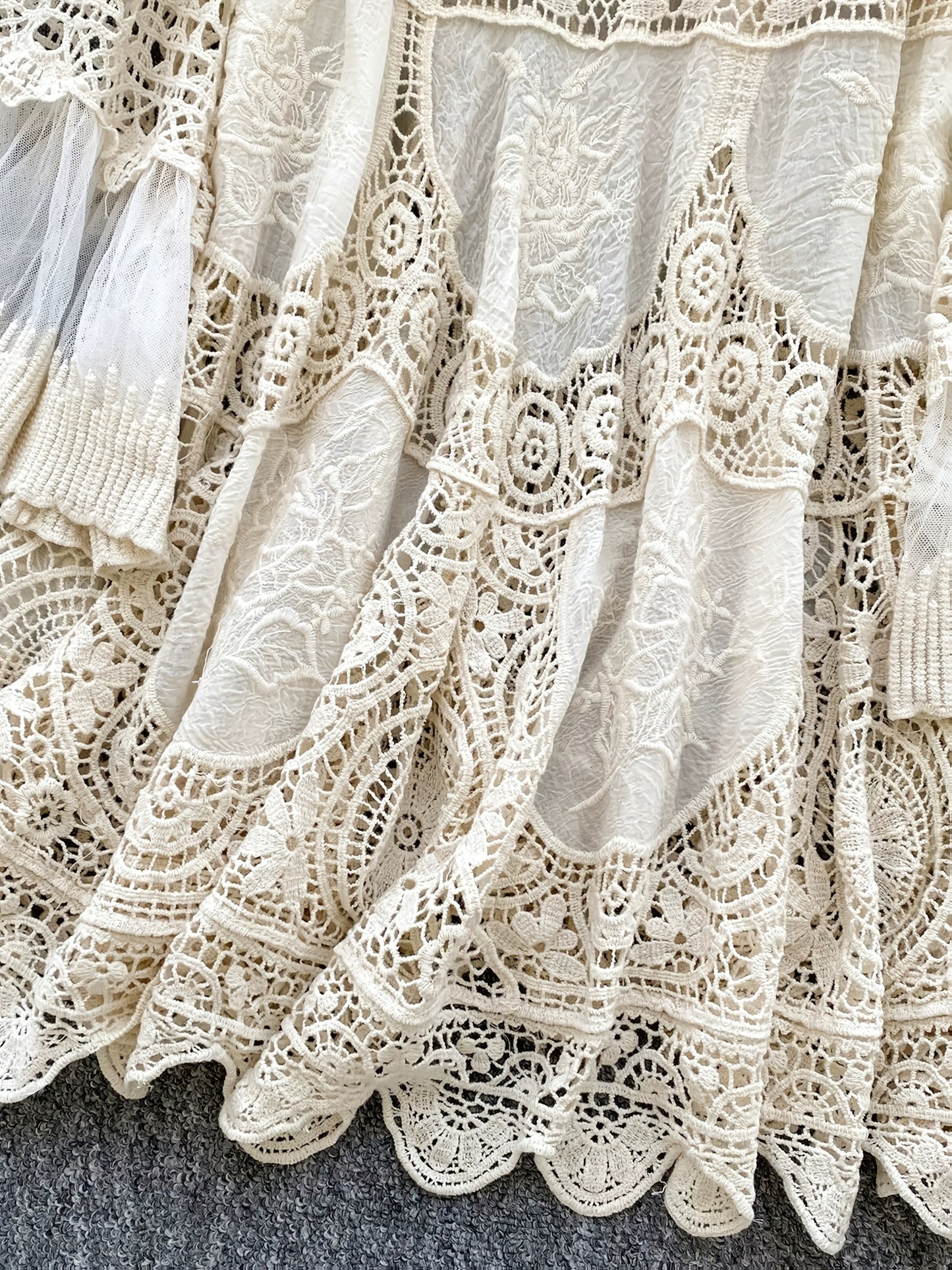 Women's Bohemian Vintage Lace- Dress - Long Sleeve A-Line Midi Dress with Crochet Cut-Out Details, Semi-Sheer Round Neck Boho Dress for Casual & Formal Occasions, Cute Dresses, Special Occasion Wear, Intricate Crochet Design - SeviSa