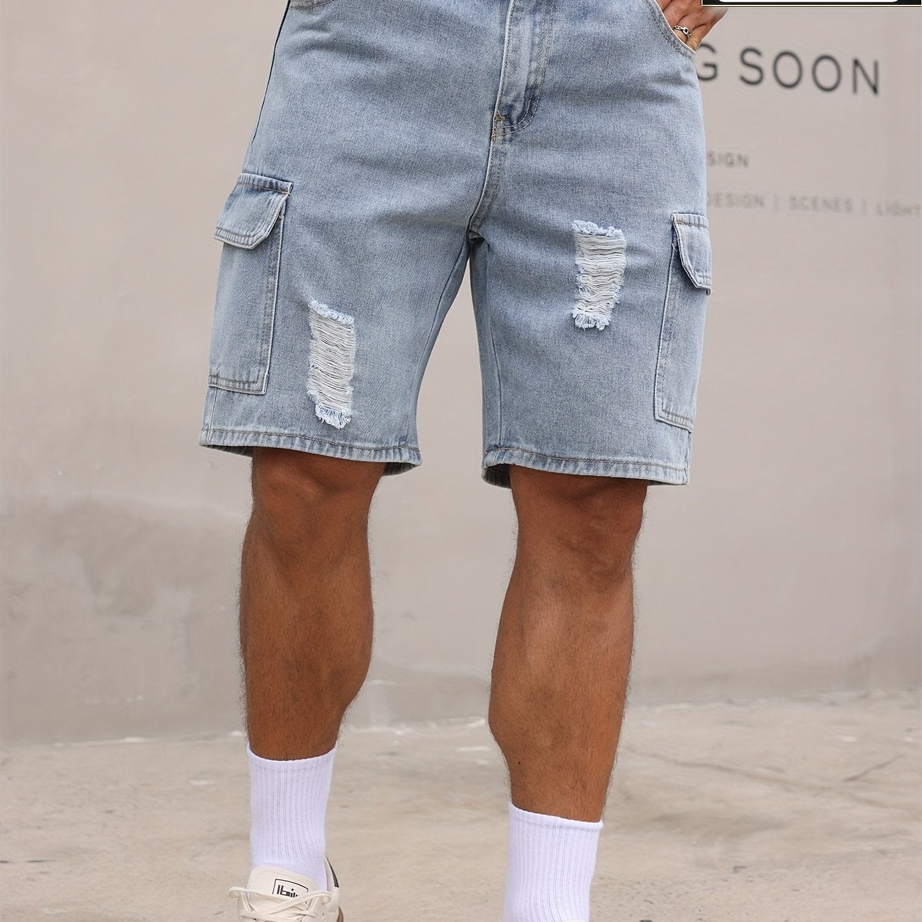 Men's Relaxed Fit Denim Cargo Shorts with Elastic Waistband & Side Pockets - Machine Washable Casual Workwear Style, Solid Color Loose Comfort for Casual Attire, Denim Shorts, Outdoor Activities, Utility Style, Sturdy Constru - SeviSa