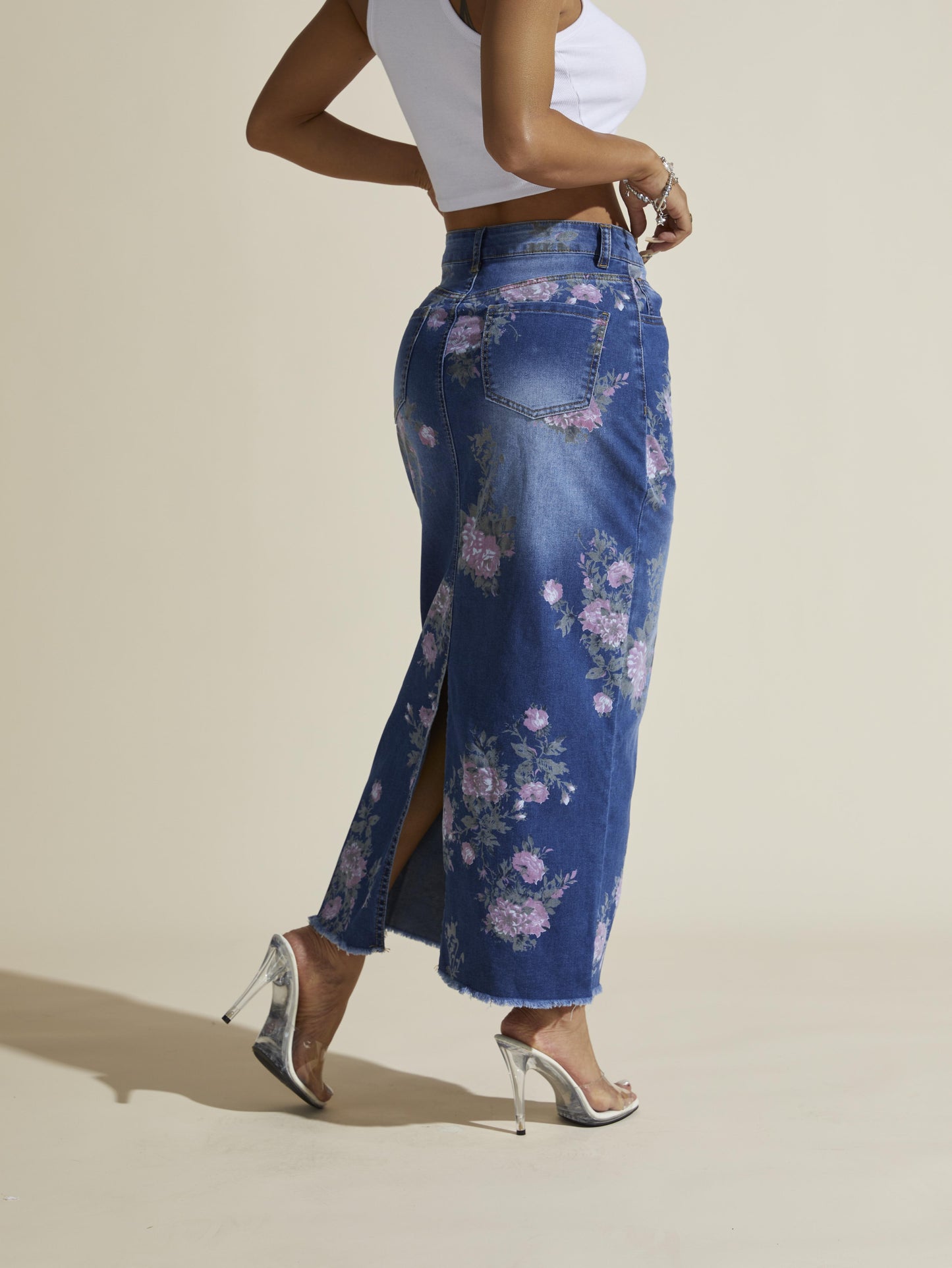Floral Print Elegant Vintage Style Split Hem Whiskering Maxi Denim Skirt, Women's Denim Jeans & Clothing - SeviSa