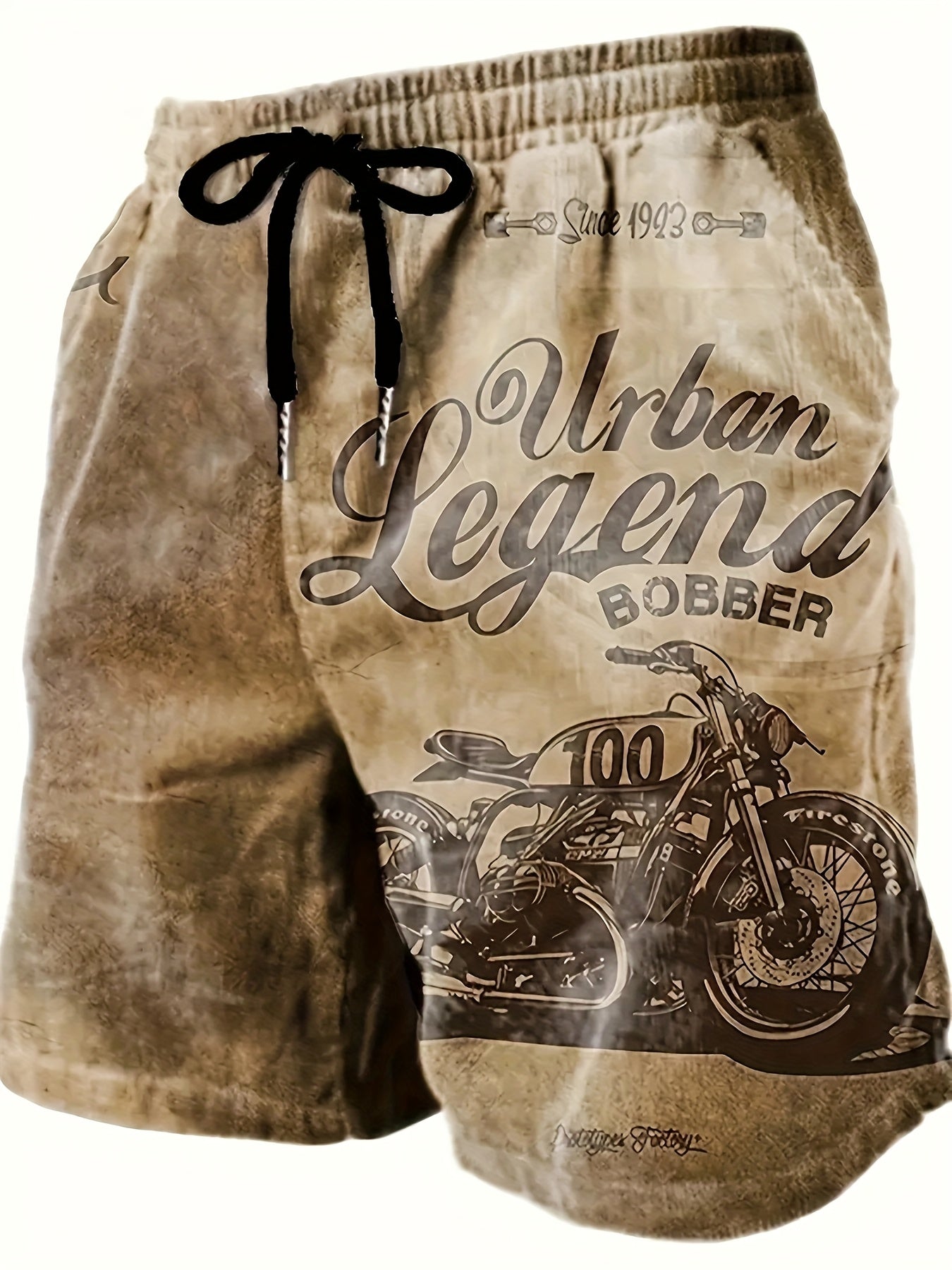 Men's Retro Motorcycle Print Shorts | Urban Legend Bobber | Vintage Biker Graphic | Polyester with Drawstring Waistband | Machine Washable | Casual Summer Wear, Motorcycle Apparel | Retro Bobber Design | Smooth Texture Fabric - SeviSa