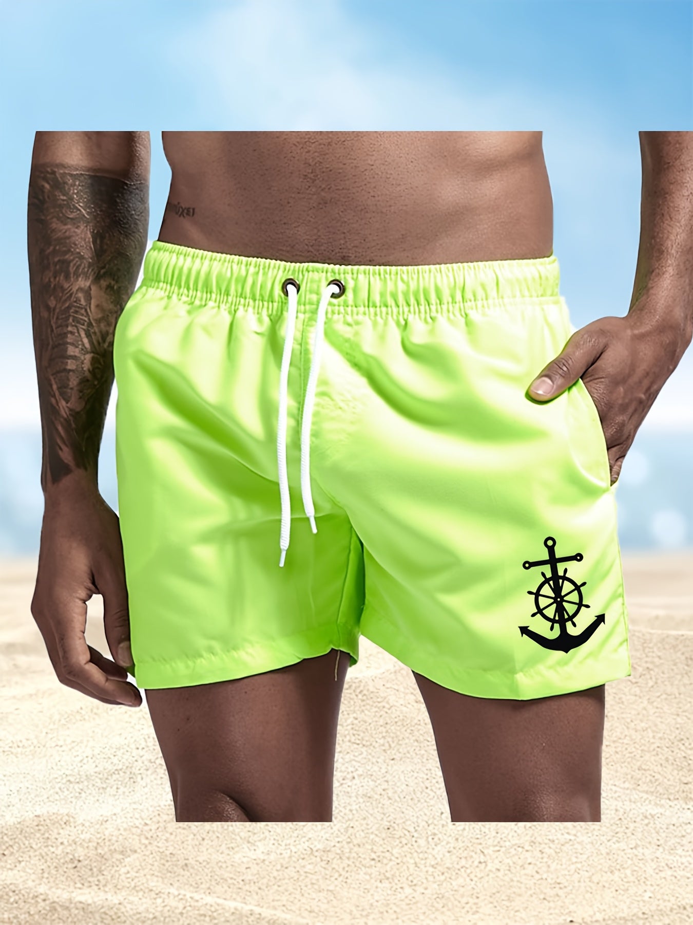 Men's Quick-Dry Swim Shorts - Navy Blue Board Shorts with Anchor design, Elastic Drawstring Waist - Lightweight Beach Swim Trunks for Surfing, Swimming, Gym, Vacation - Fast-Drying Quick Suit for Ocean & Pool Activities, Swim - SeviSa