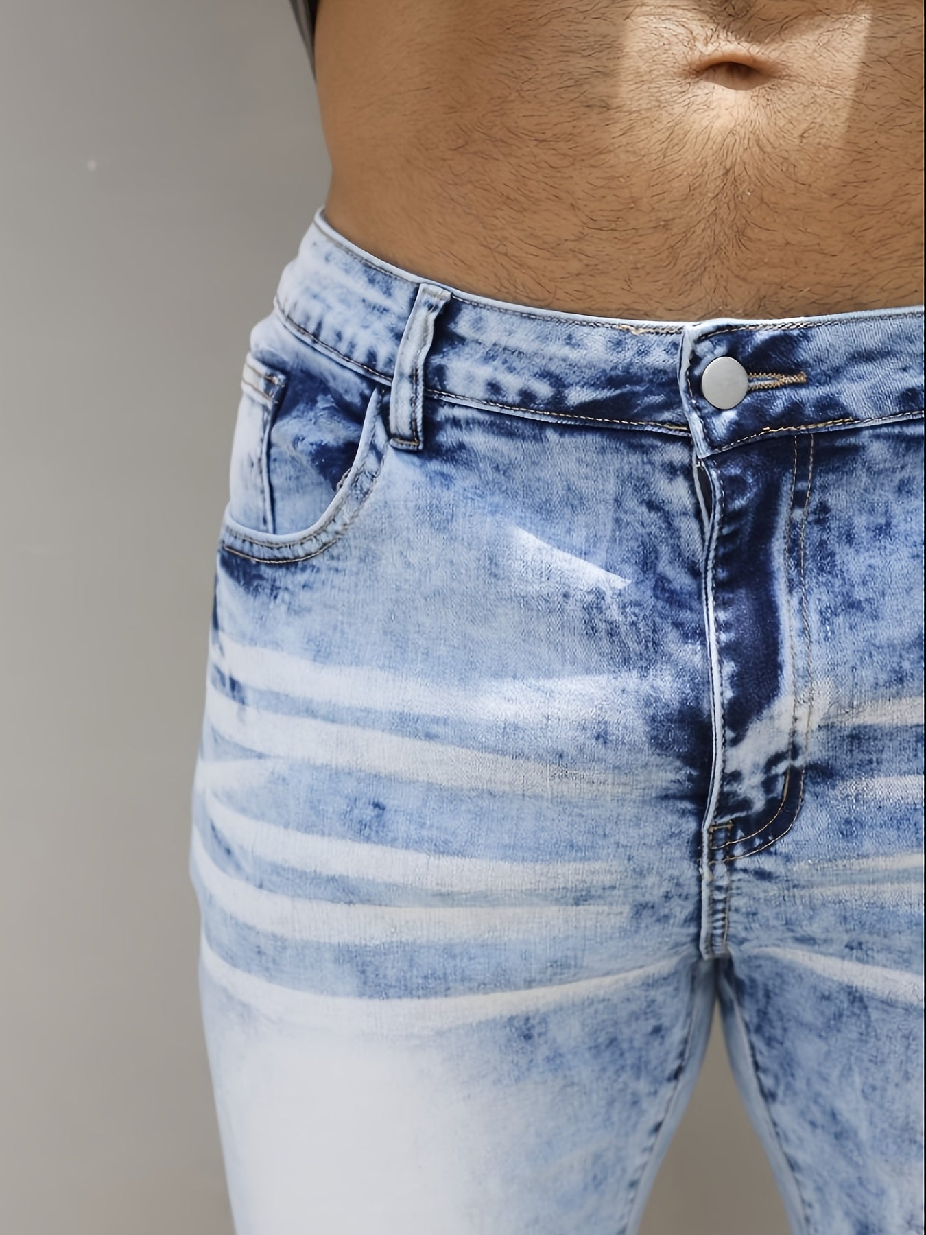 Plus Size Men's Heavy-Distressed Stretch Denim Shorts - Slim Fit Casual Summer Shorts with Pockets, Machine Washable, Blue & White Washed Design, Comfortable Wear, Durable Fabric, PLUS SIZE - SeviSa