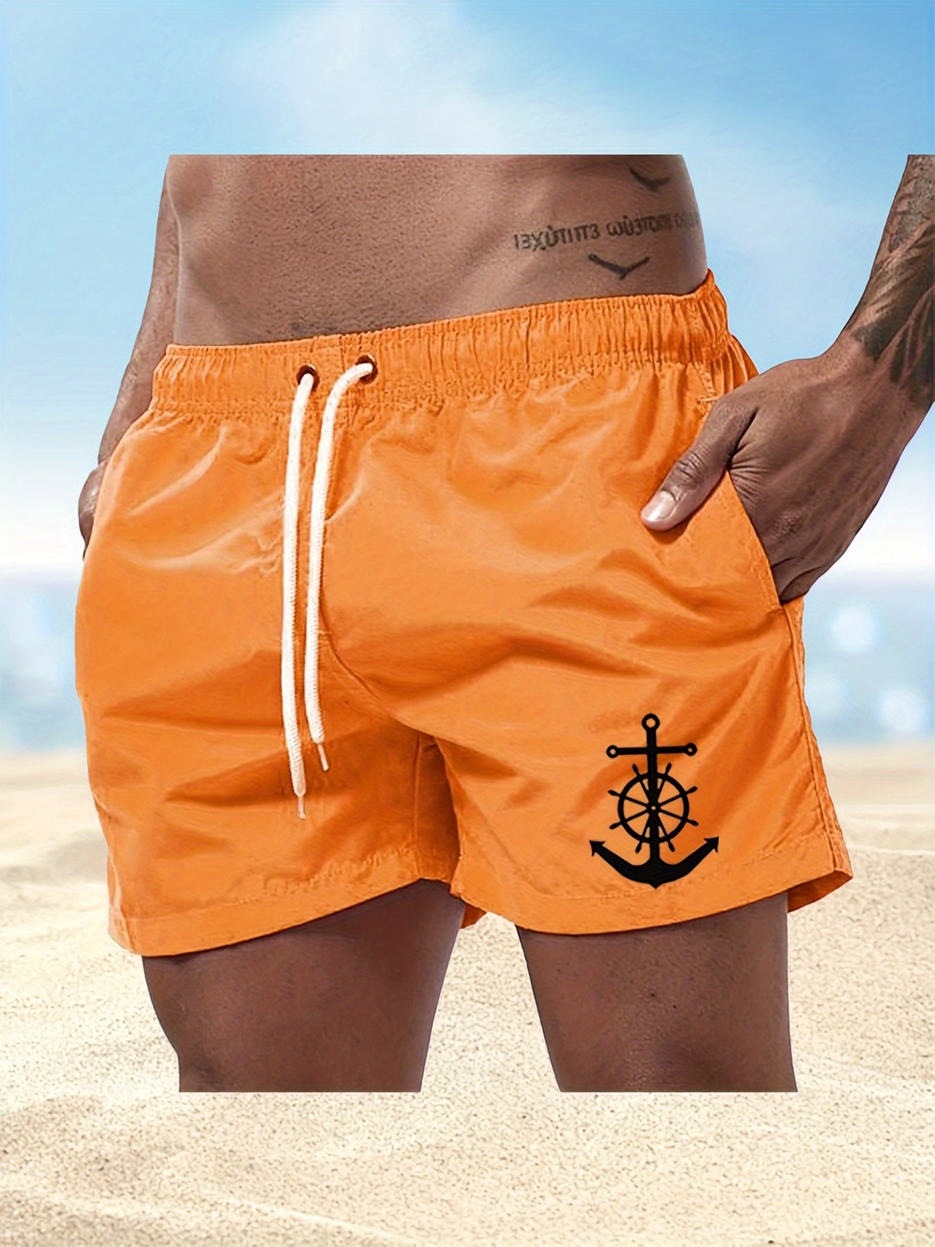 Men's Quick-Dry Swim Shorts - Navy Blue Board Shorts with Anchor design, Elastic Drawstring Waist - Lightweight Beach Swim Trunks for Surfing, Swimming, Gym, Vacation - Fast-Drying Quick Suit for Ocean & Pool Activities, Swim - SeviSa