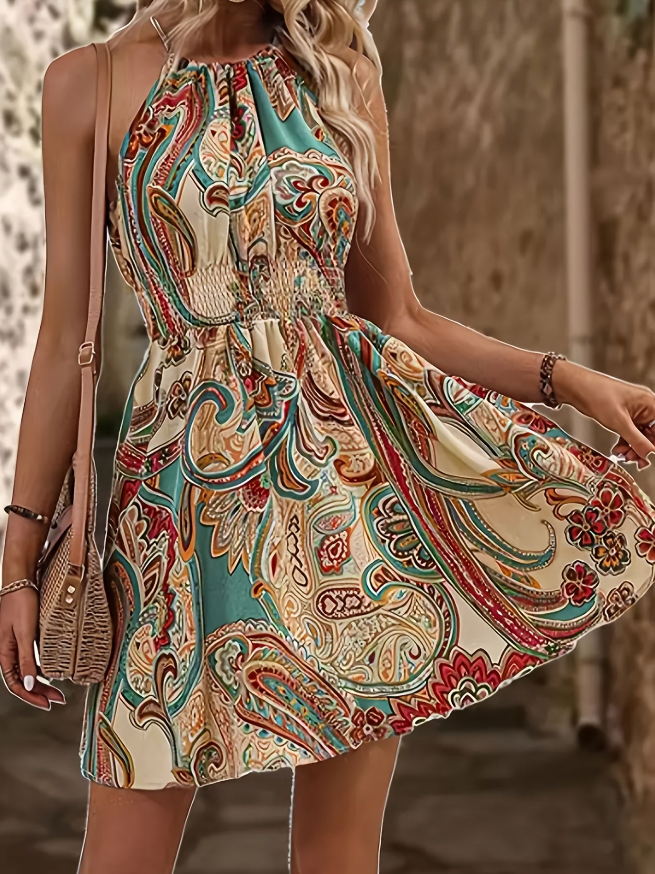 Women's Paisley Print Halter Neck Dress with Adjustable Drawstring - Off-Shoulder Smocked Waist Summer Dress, Machine Washable Lightweight Elegant Casual to Formal Wear, Halter Dress, Evening Wear, Smocked Fabric, Nontranspar - SeviSa
