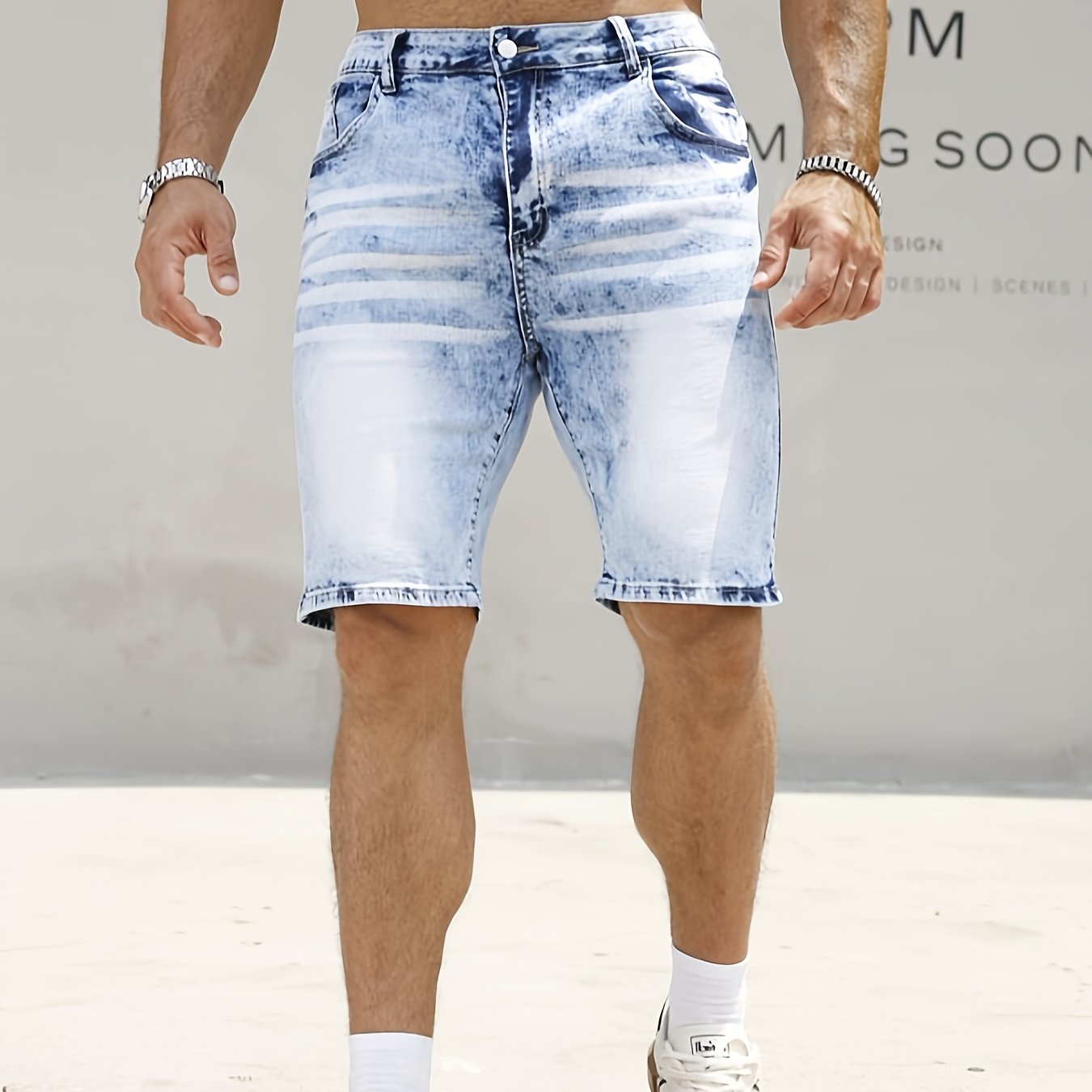 Plus Size Men's Heavy-Distressed Stretch Denim Shorts - Slim Fit Casual Summer Shorts with Pockets, Machine Washable, Blue & White Washed Design, Comfortable Wear, Durable Fabric, PLUS SIZE - SeviSa