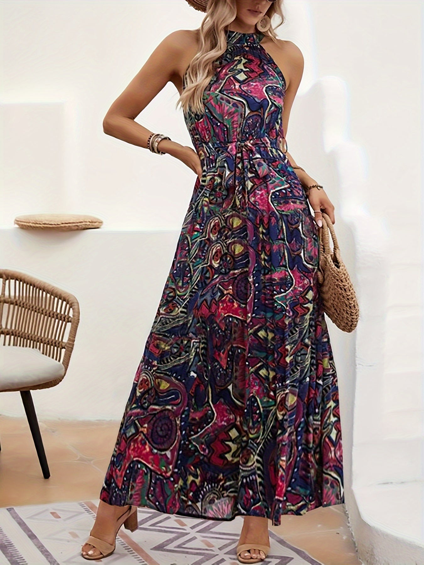 Elegant Bohemian Maxi Dress with Lace-Up Detail - High-Waisted, Sleeveless, Floral Print, Light Brown and Blue, Perfect for Adult Women, All-Season Versatile, Adult Women'S Dress|Floral Print Dress|Laceup Detail - SeviSa