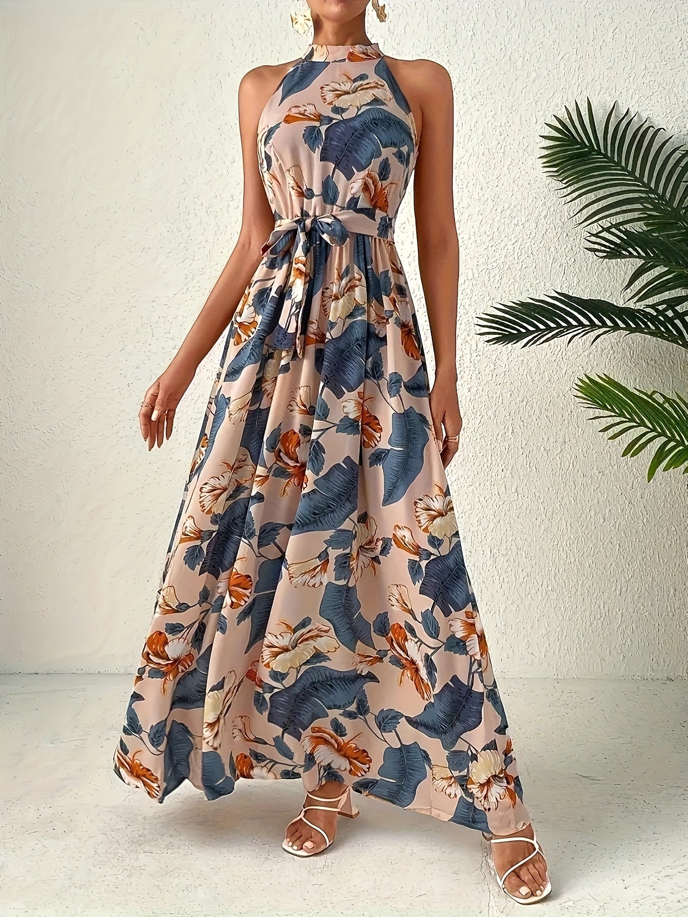 Elegant Bohemian Maxi Dress with Lace-Up Detail - High-Waisted, Sleeveless, Floral Print, Light Brown and Blue, Perfect for Adult Women, All-Season Versatile, Adult Women'S Dress|Floral Print Dress|Laceup Detail - SeviSa