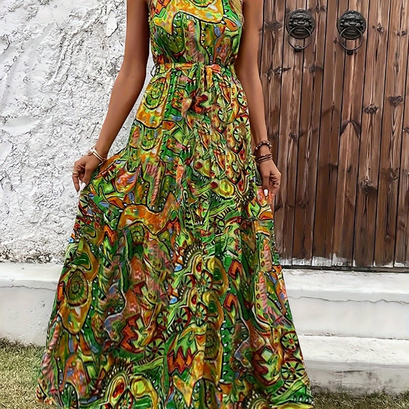 Elegant Bohemian Maxi Dress with Lace-Up Detail - High-Waisted, Sleeveless, Floral Print, Light Brown and Blue, Perfect for Adult Women, All-Season Versatile, Adult Women'S Dress|Floral Print Dress|Laceup Detail - SeviSa