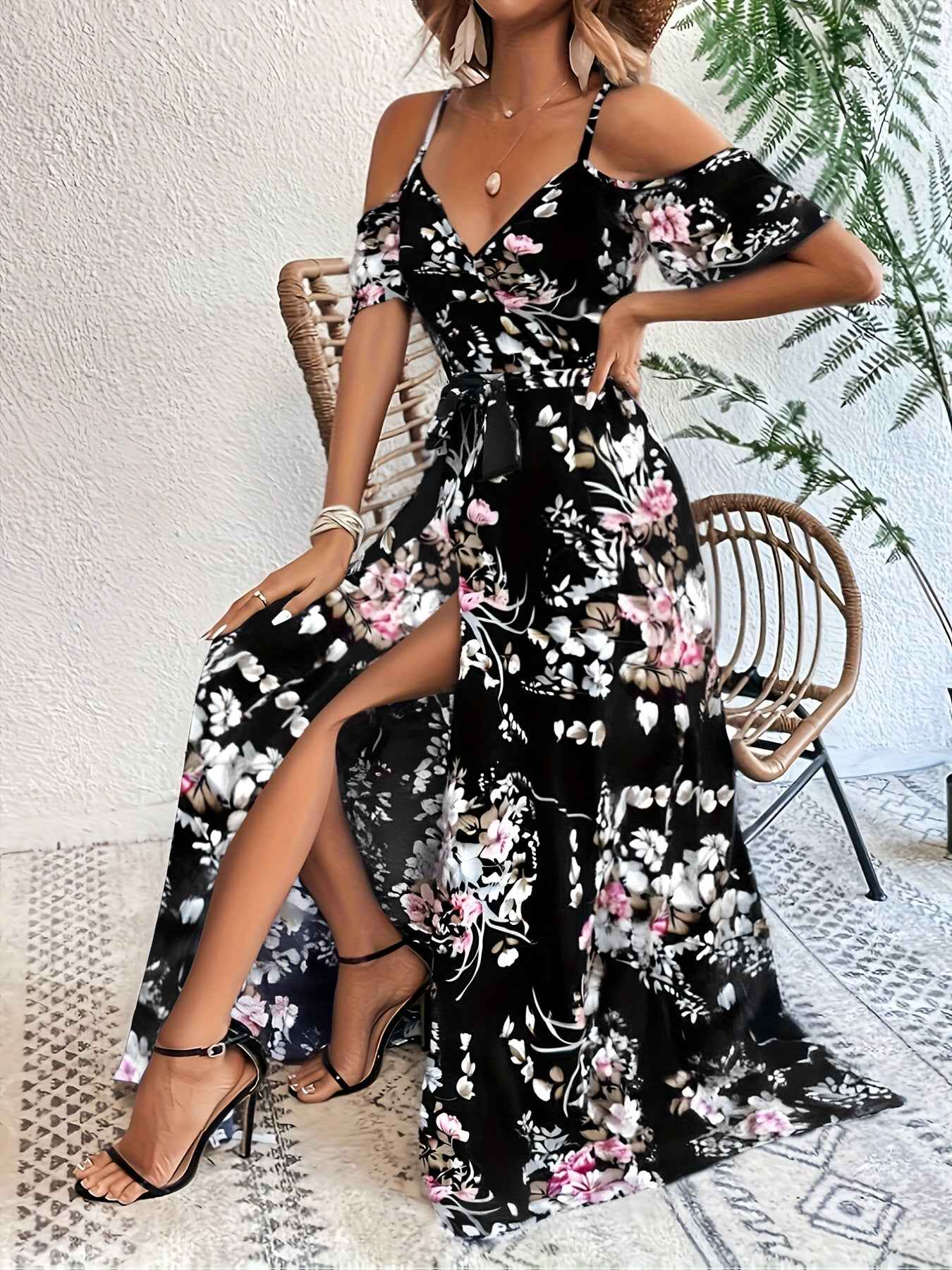 Elegant Floral Print V-Neck Maxi Dress with Tie-Waist and Ruffle Detail - Sleeveless, Flowy A-Line Skirt for Women, Perfect for Summer, Elegant Event Wear|Floral Print Dress|Polyester Fabric