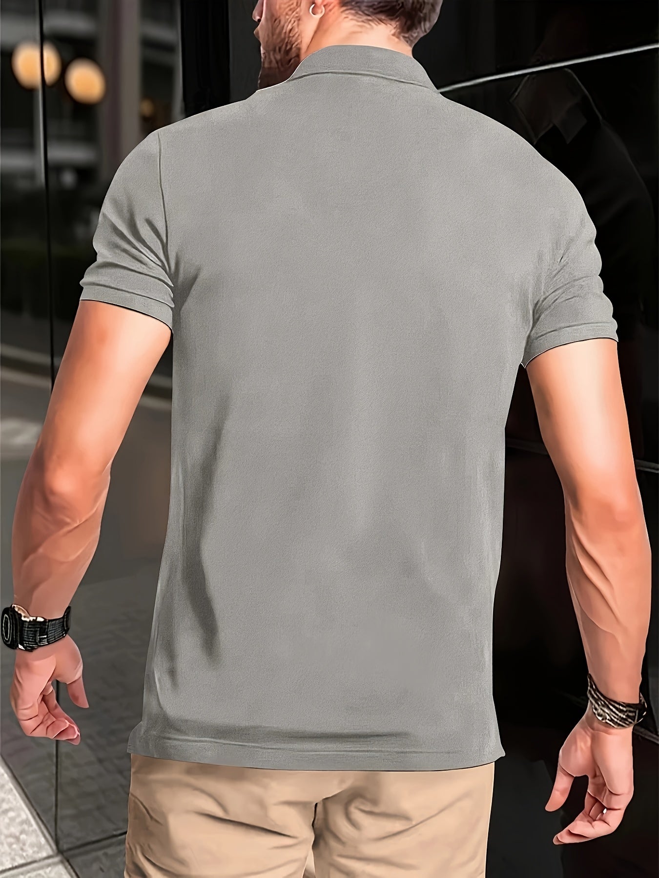 Men's Summer Short Sleeve T-Shirt - Lightweight Breathable Stand Collar Shirt with Button Detail, Solid Color Casual Sports Top for Business Casual & Outdoor Activities, Leisure Outing Apparel, Comfortable Fit Tee - SeviSa