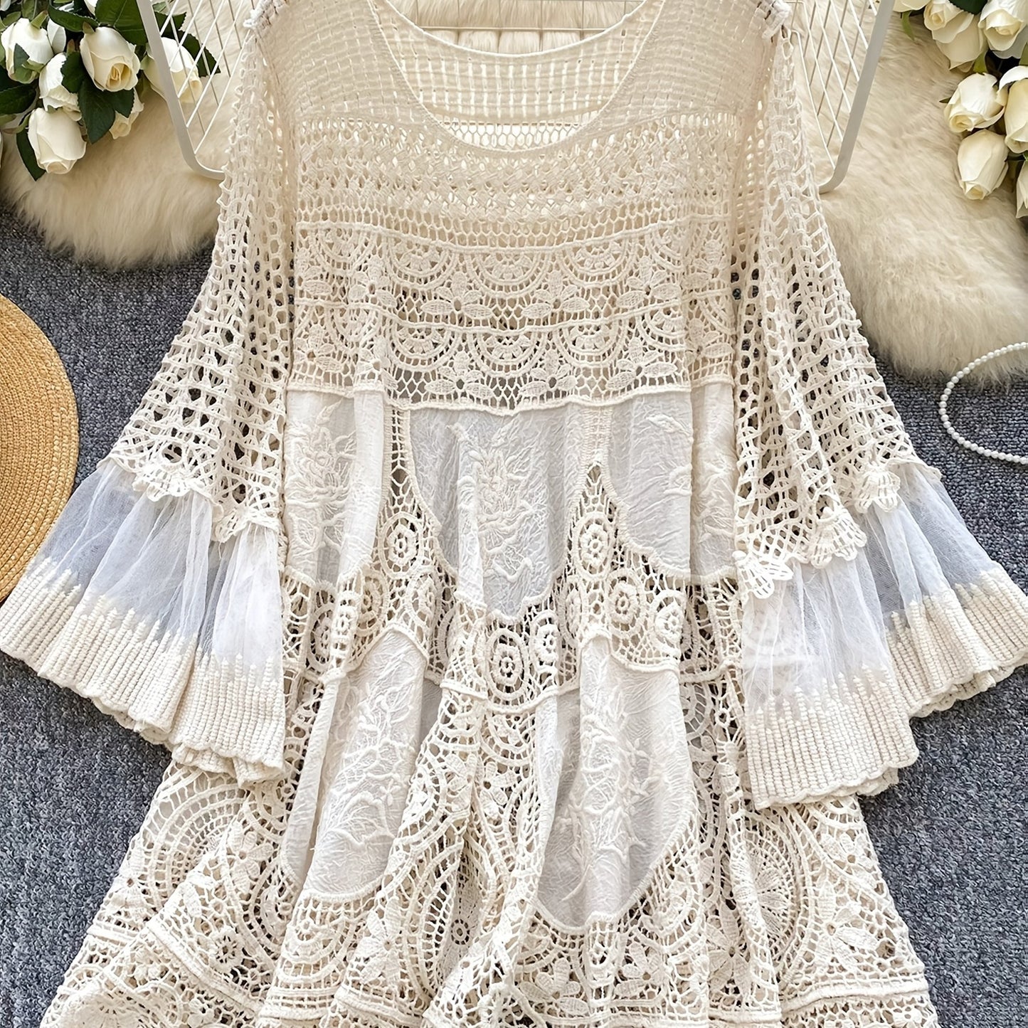 Women's Bohemian Vintage Lace- Dress - Long Sleeve A-Line Midi Dress with Crochet Cut-Out Details, Semi-Sheer Round Neck Boho Dress for Casual & Formal Occasions, Cute Dresses, Special Occasion Wear, Intricate Crochet Design - SeviSa