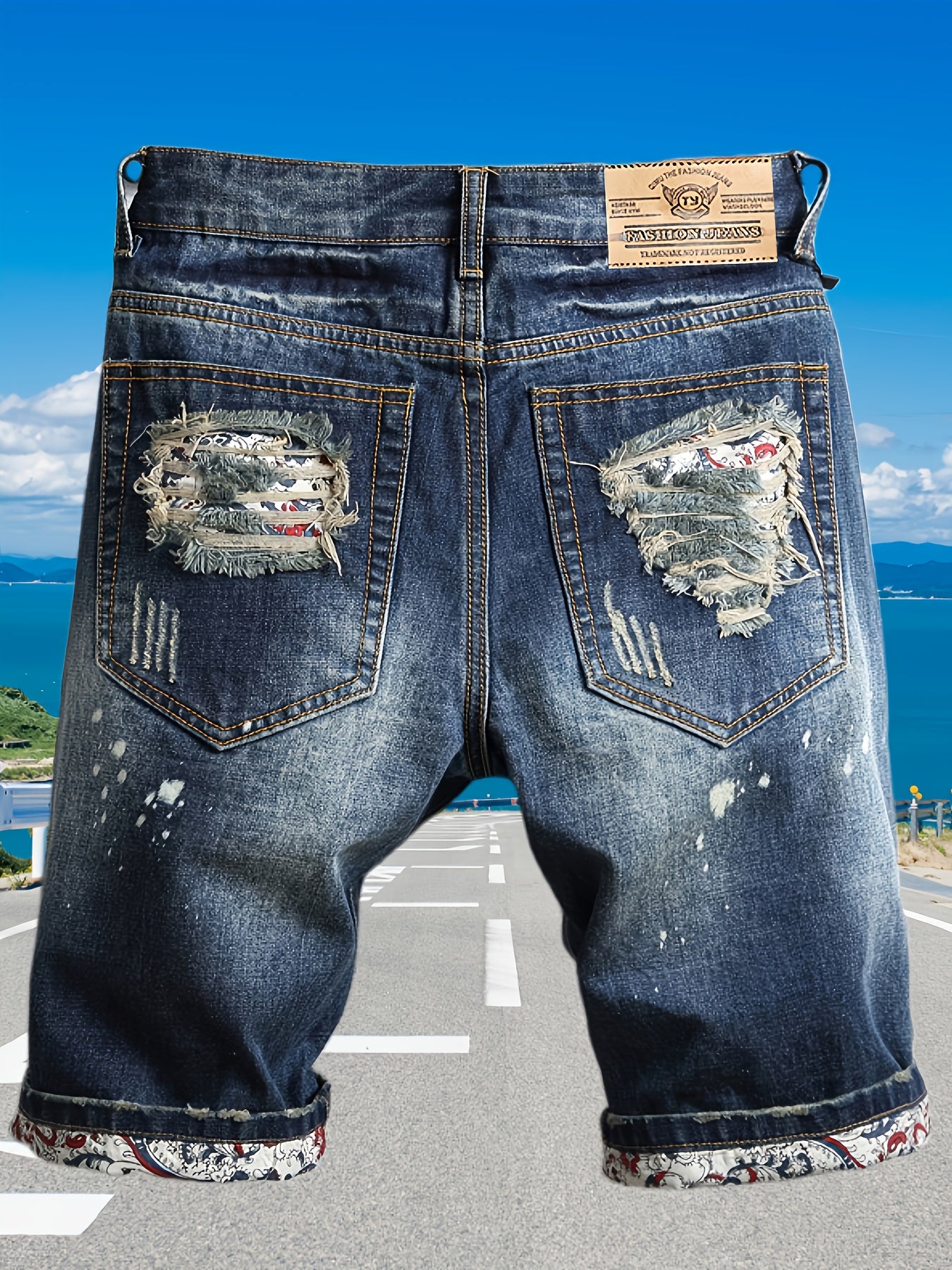 Men'S Plus Size Slim Fit Denim Shorts - Casual Ripped Jeans Style, Stretch Fabric, Solid Color, Mid-Rise, Ankle-Length with Button Closure, Summer Essential, Relaxed Fit Shorts | Distressed Denim Shorts | Comfortable Denim Sh - SeviSa