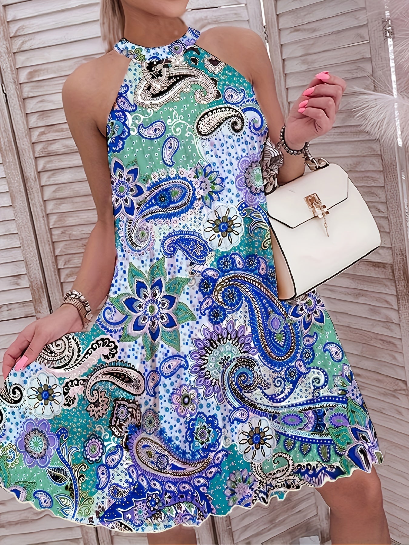 2024 European And American Summer New Geometric Pattern Printed Sleeveless Pleated Off-Shoulder Vacation Style Dress - SeviSa