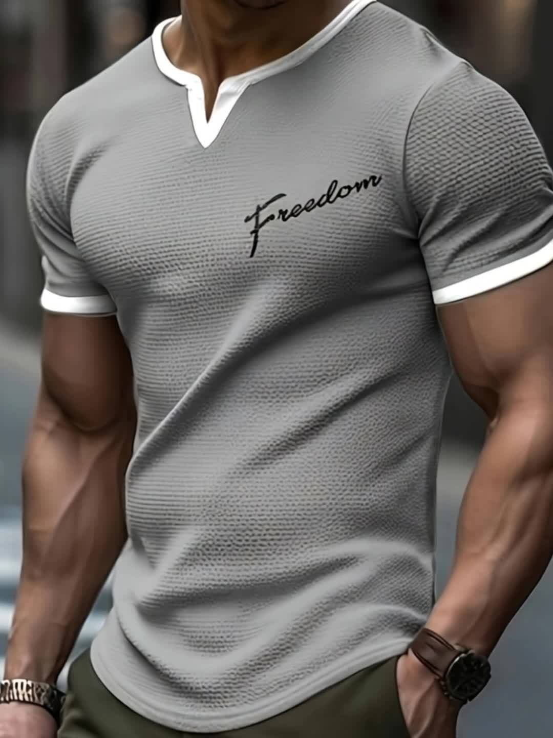 Men's Alphabet Print "FREEDOM" Waffle Knit T-shirt, V-neck And Short Sleeve Tee, Tops Perfect For Summer Fitness And Outdoors Activities - SeviSa