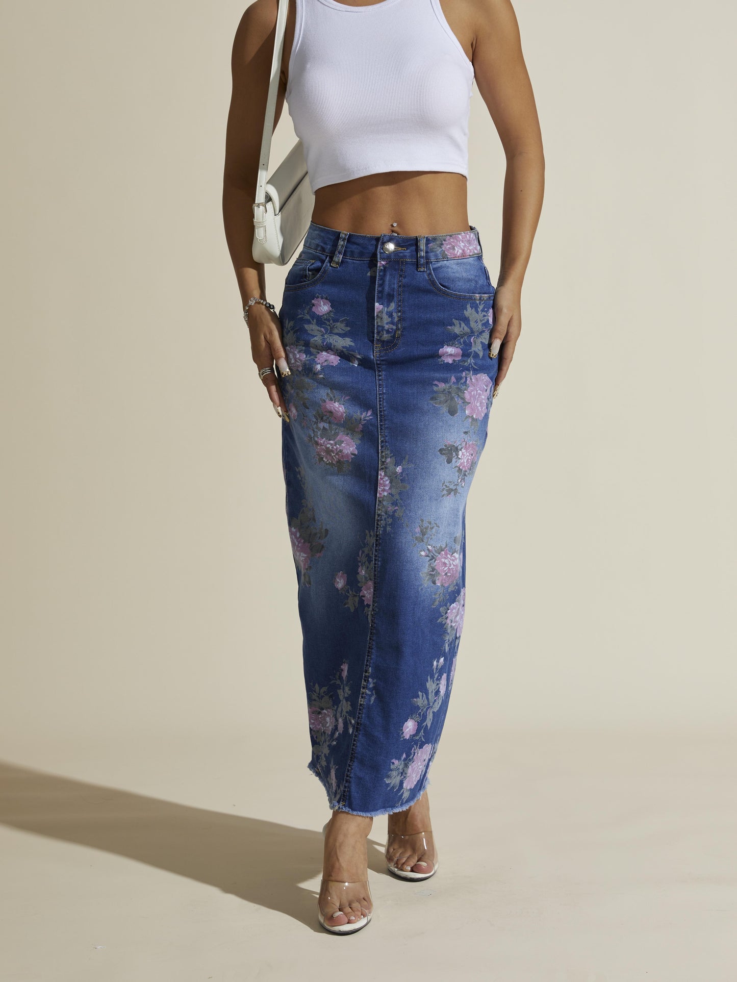 Floral Print Elegant Vintage Style Split Hem Whiskering Maxi Denim Skirt, Women's Denim Jeans & Clothing - SeviSa