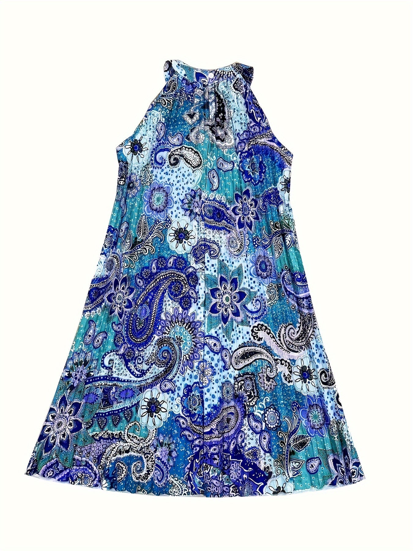 2024 European And American Summer New Geometric Pattern Printed Sleeveless Pleated Off-Shoulder Vacation Style Dress - SeviSa