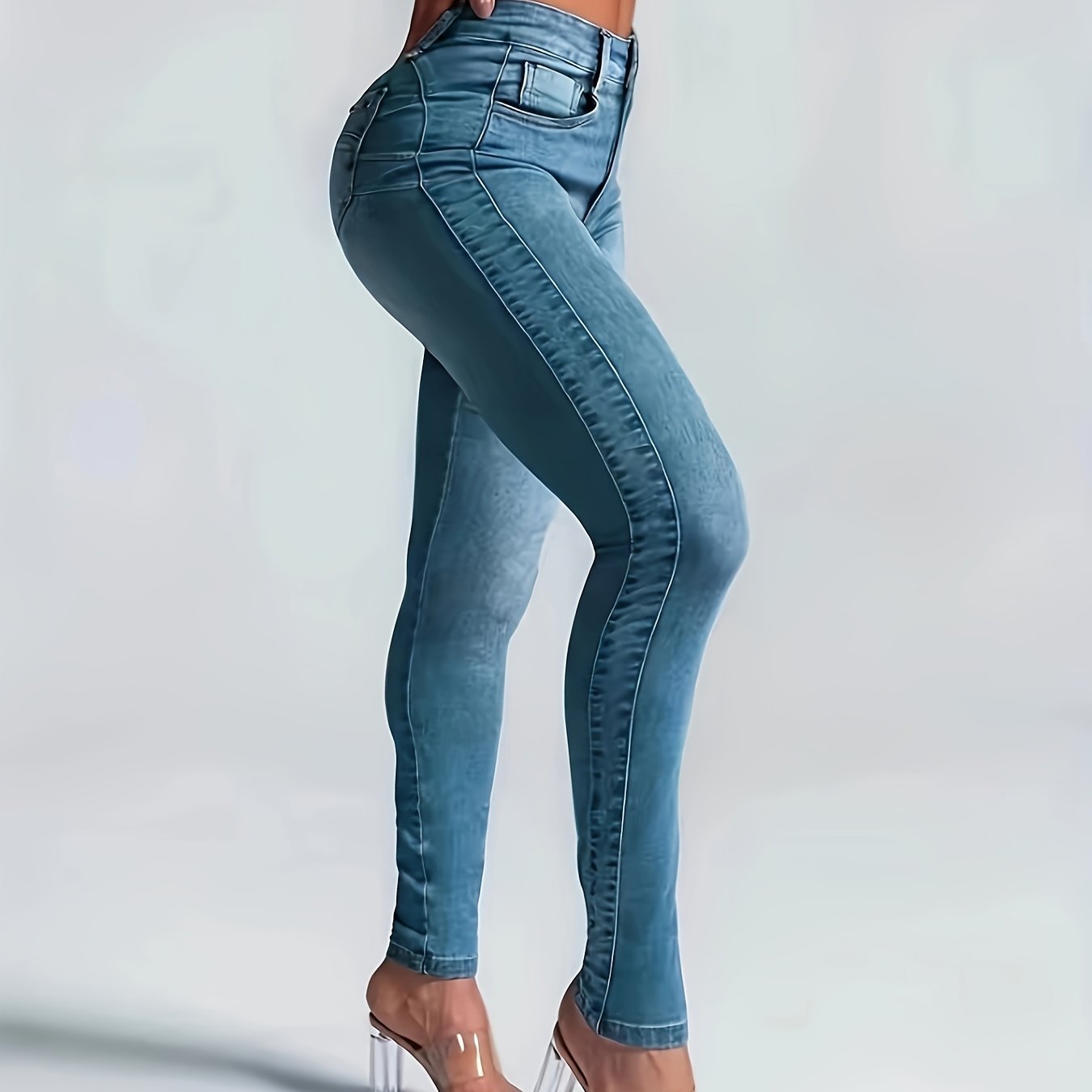 Women's Sexy High-Waisted Skinny Jeans, Stretch Denim, Plain Casual Fashion Pants, Light Blue For Fall - SeviSa