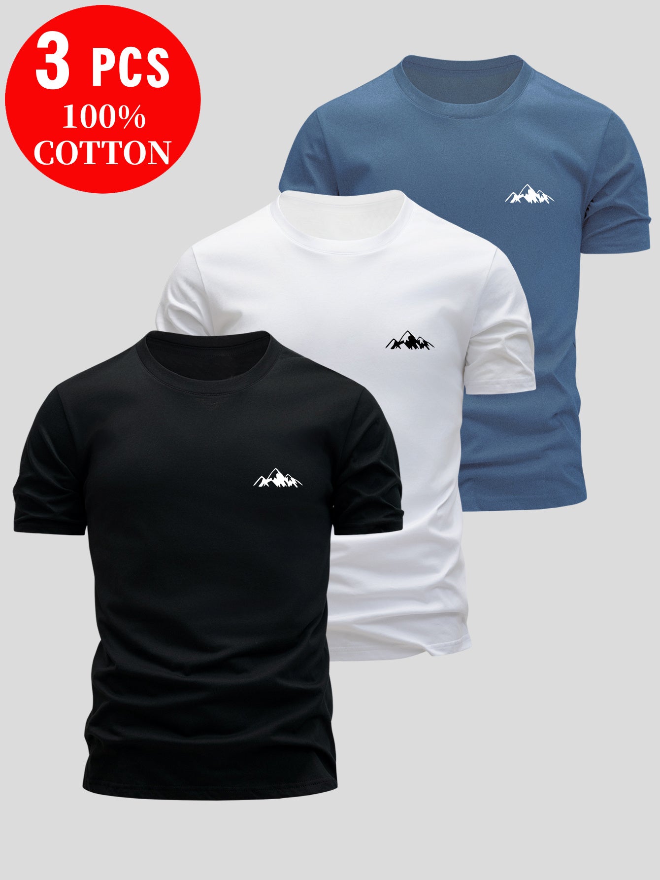 3pcs Men's 100% Cotton Slim Fit T-Shirts - Soft Breathable Short Sleeve Crew Neck Tees with Minimalist Letter Print, Black/White/Navy Blue for Summer Casual Wear, Everyday Comfort, Skinfriendly Fabric - SeviSa