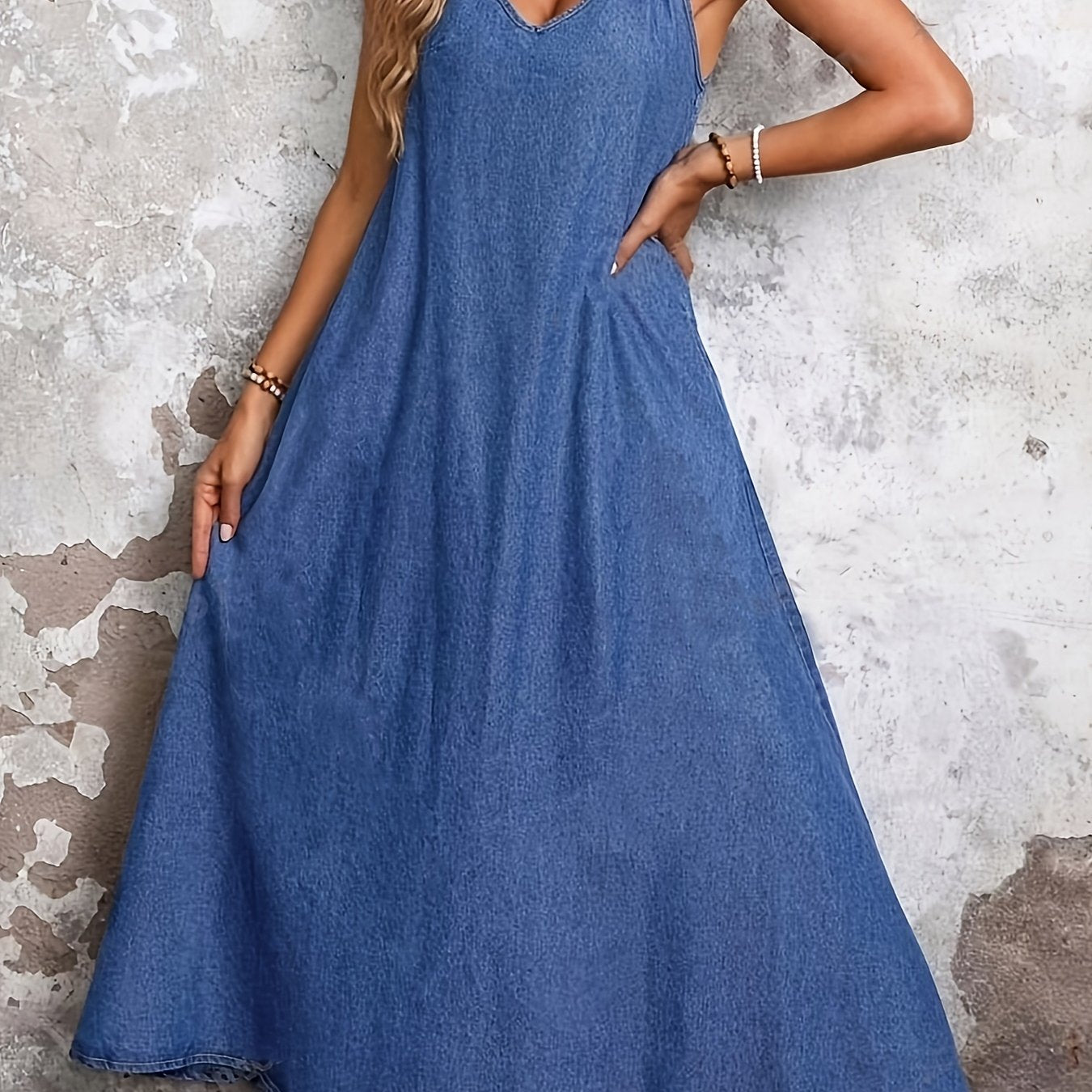Women'S Elegant V-Neck Long Dress - Light Blue Faux Denim-Look Fabric, Flowy A-Line Silhouette, Perfect for Spring/Summer, Casual to Semi-Formal Wear, Casual Summer Dress | Vneck Dress | Texture - SeviSa