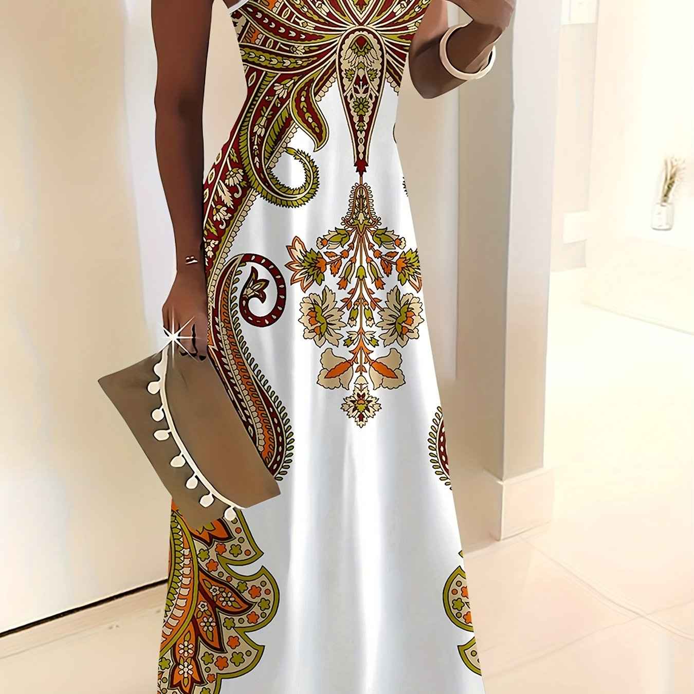 Elegant Women'S Sleeveless Cami Maxi Dress with Vibrant Paisley & Floral Print - Loose Fit, Crew Neck, Summer Casual Wear, Polyester, White with Colorful Pattern